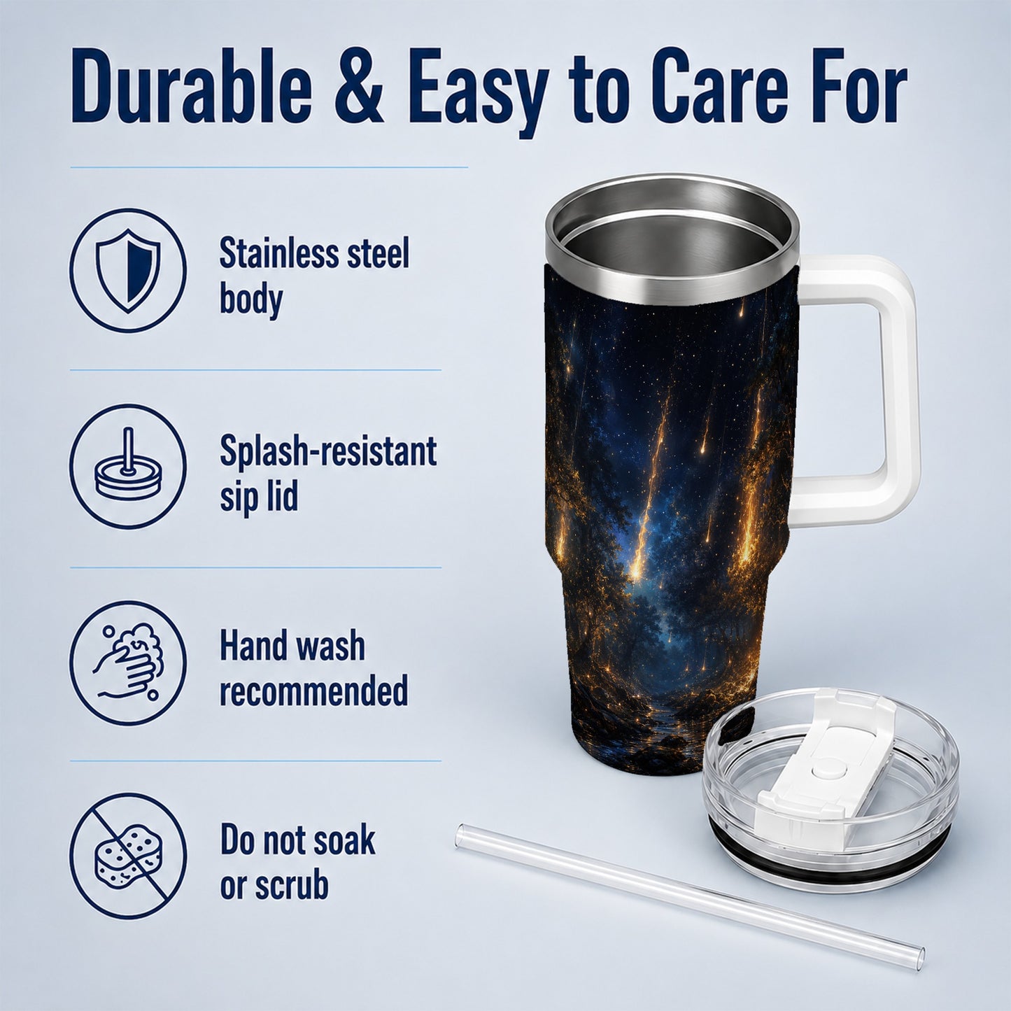 #pl[40oz|White] Meteor Shower Forest 40oz Tumbler with Handle, Celestial Art