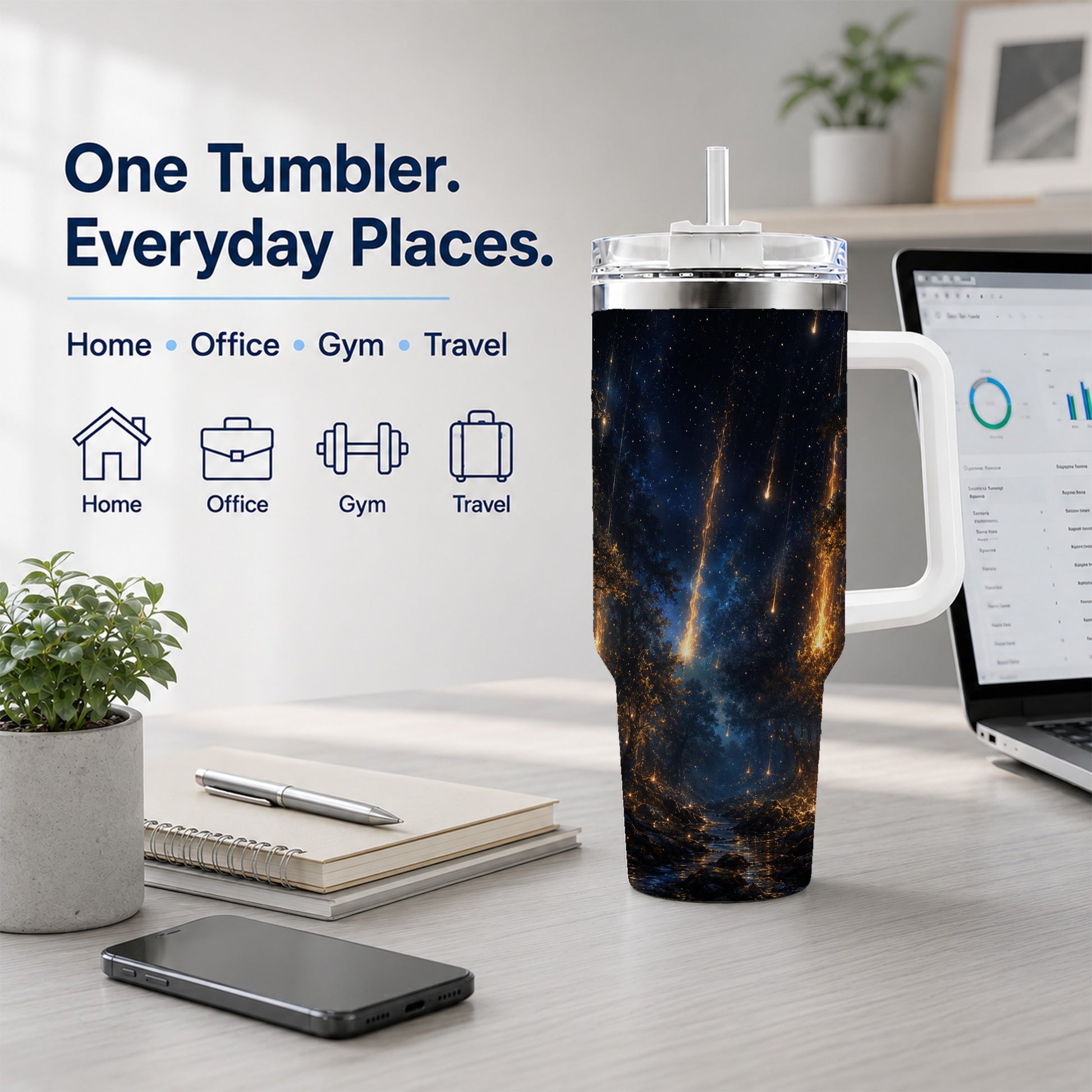 #pl[40oz|White] Meteor Shower Forest 40oz Tumbler with Handle, Celestial Art