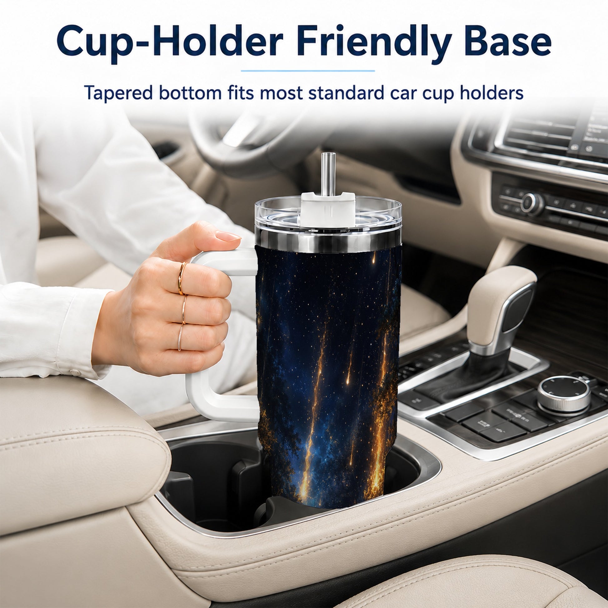 #pl[40oz|White] Meteor Shower Forest 40oz Tumbler with Handle, Celestial Art