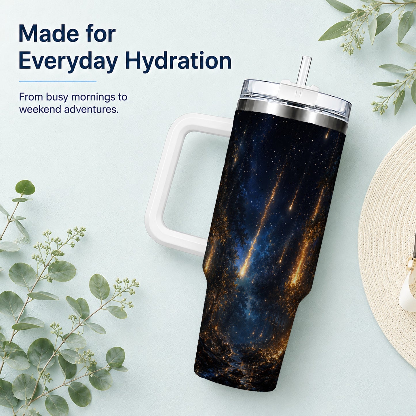 #pl[40oz|White] Meteor Shower Forest 40oz Tumbler with Handle, Celestial Art