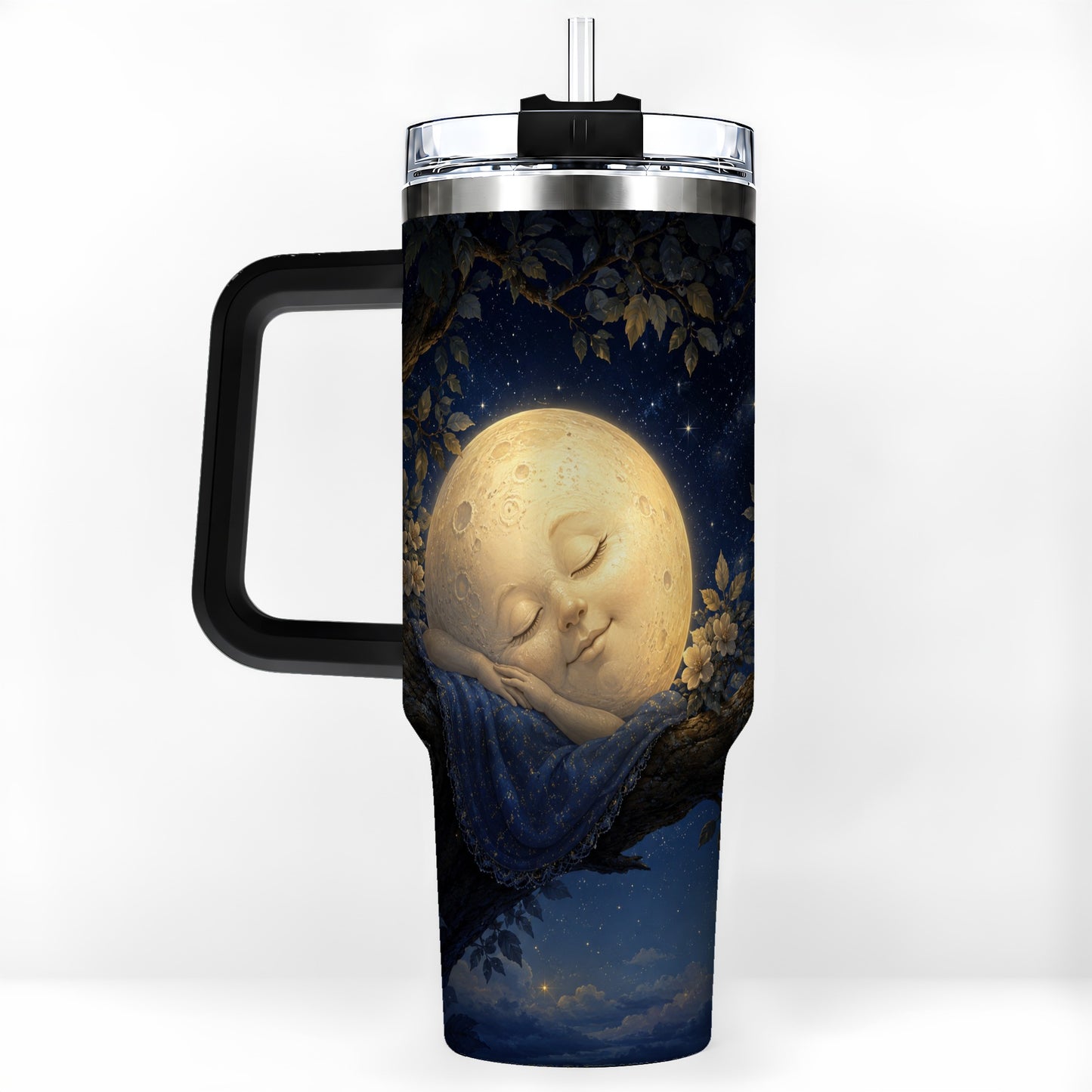 #pl[40oz|Black] Sleeping Moon 40oz Tumbler with Handle, Celestial Dream Art