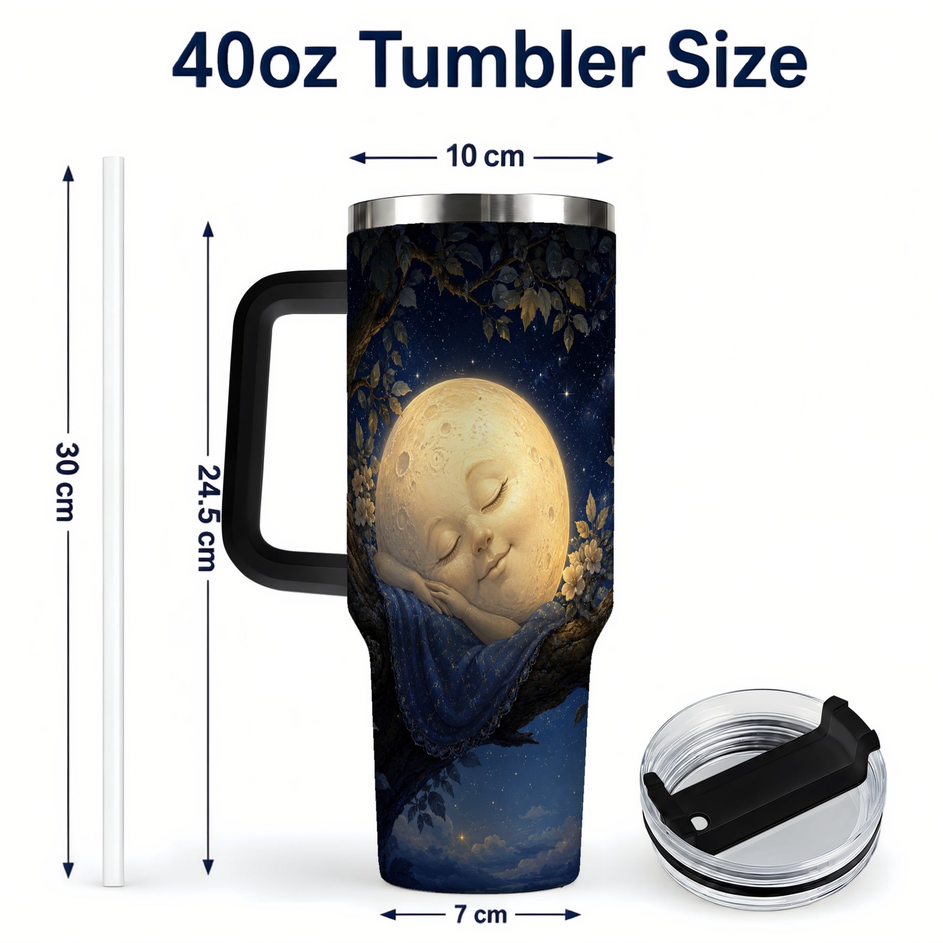 #pl[40oz|Black] Sleeping Moon 40oz Tumbler with Handle, Celestial Dream Art