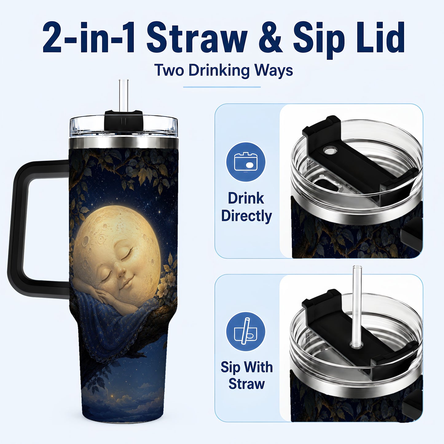 #pl[40oz|Black] Sleeping Moon 40oz Tumbler with Handle, Celestial Dream Art