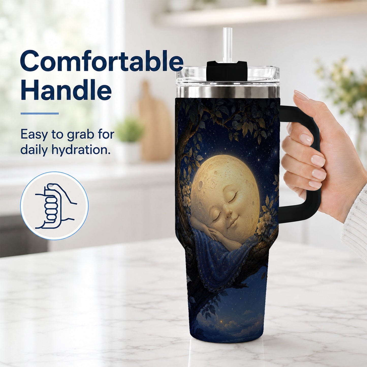 #pl[40oz|Black] Sleeping Moon 40oz Tumbler with Handle, Celestial Dream Art