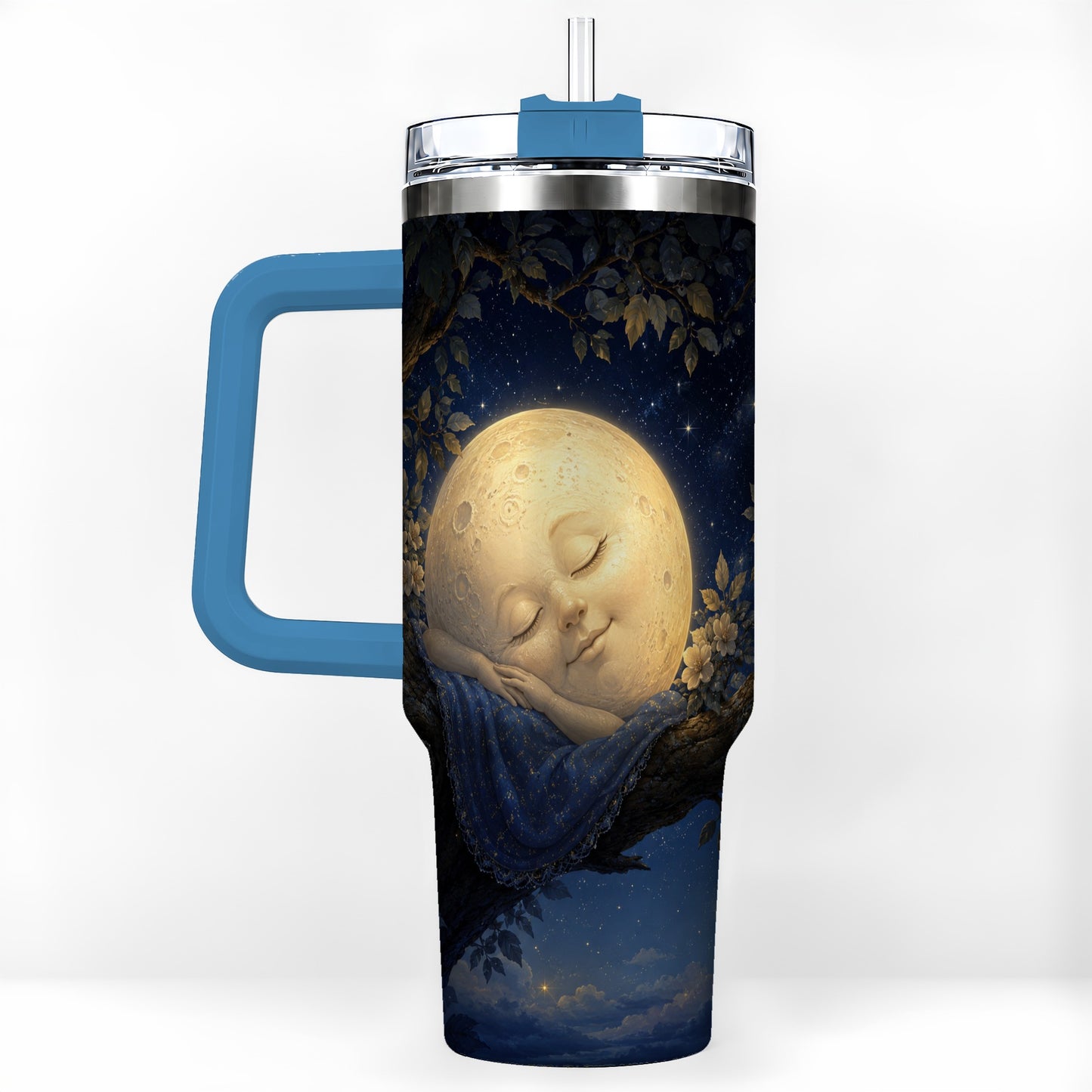 #pl[40oz|Blue] Sleeping Moon 40oz Tumbler with Handle, Celestial Dream Art