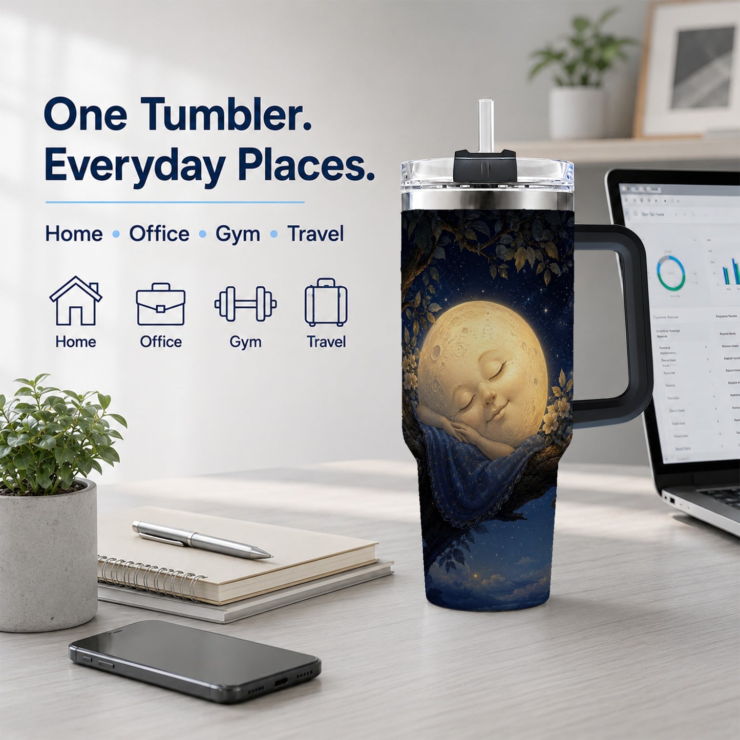 #pl[40oz|Black] Sleeping Moon 40oz Tumbler with Handle, Celestial Dream Art