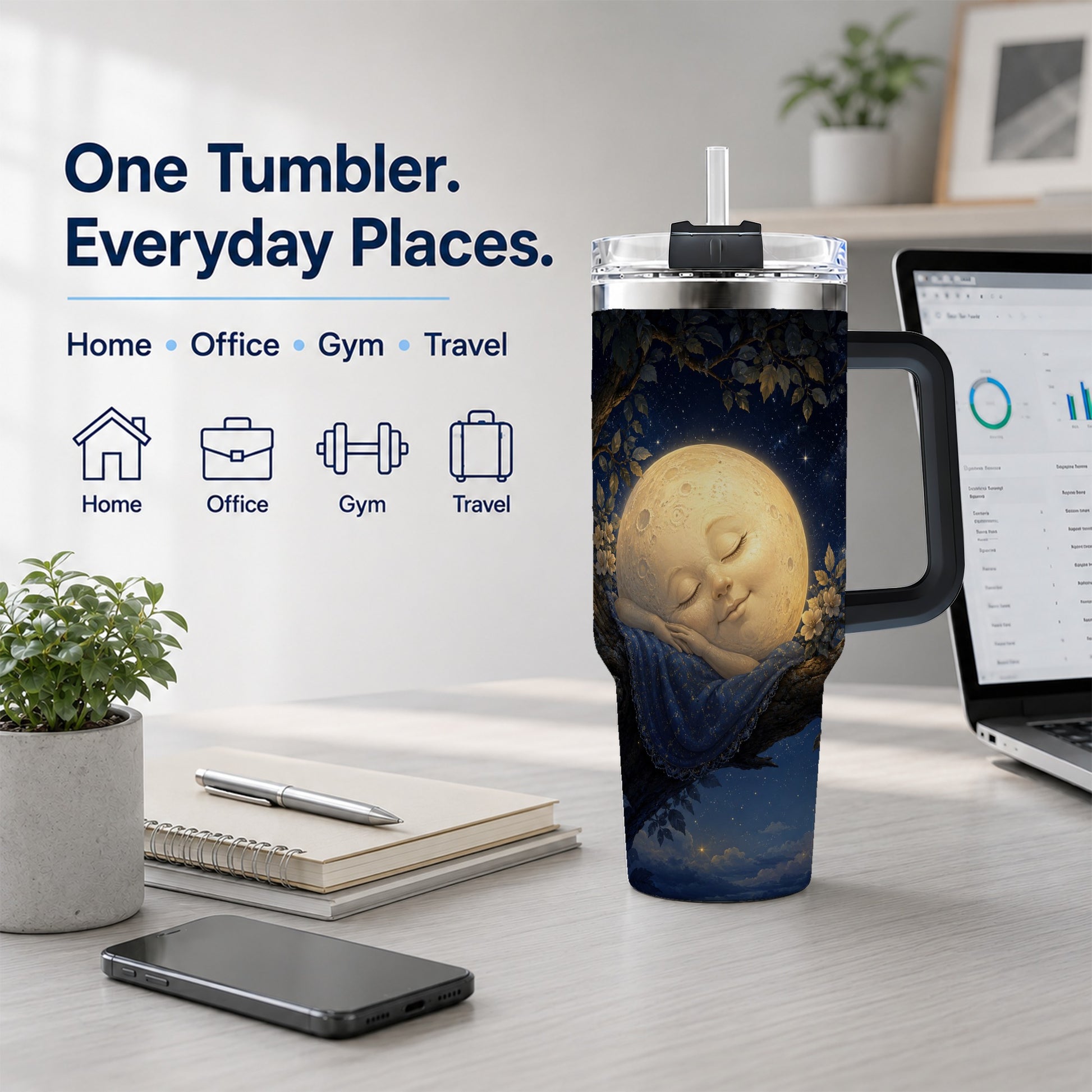 #pl[40oz|Black] Sleeping Moon 40oz Tumbler with Handle, Celestial Dream Art