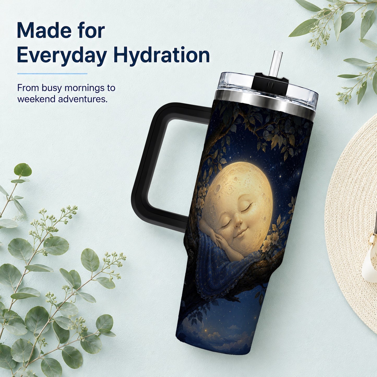 #pl[40oz|Black] Sleeping Moon 40oz Tumbler with Handle, Celestial Dream Art