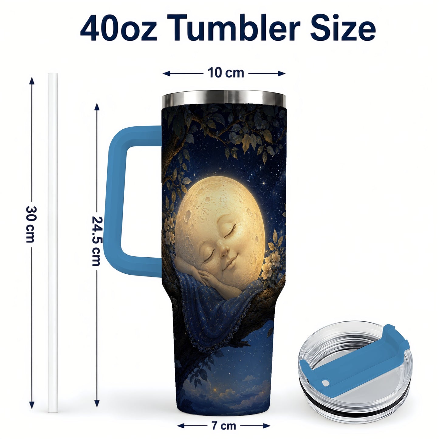 #pl[40oz|Blue] Sleeping Moon 40oz Tumbler with Handle, Celestial Dream Art