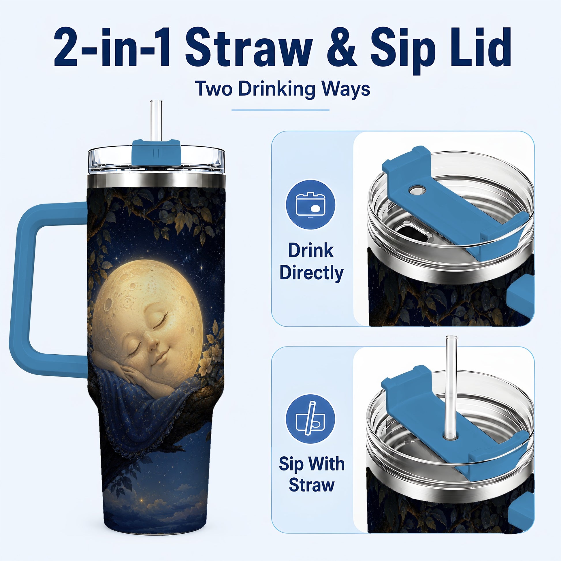 #pl[40oz|Blue] Sleeping Moon 40oz Tumbler with Handle, Celestial Dream Art