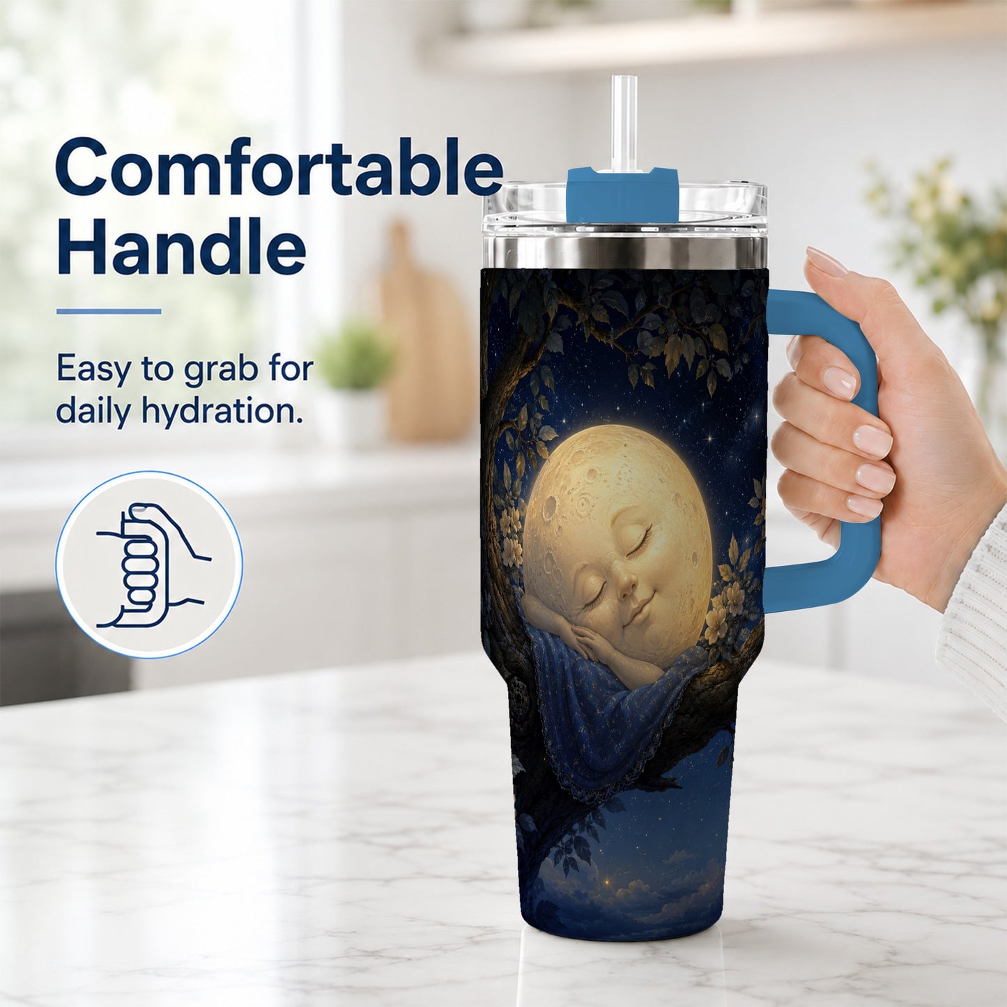 #pl[40oz|Blue] Sleeping Moon 40oz Tumbler with Handle, Celestial Dream Art