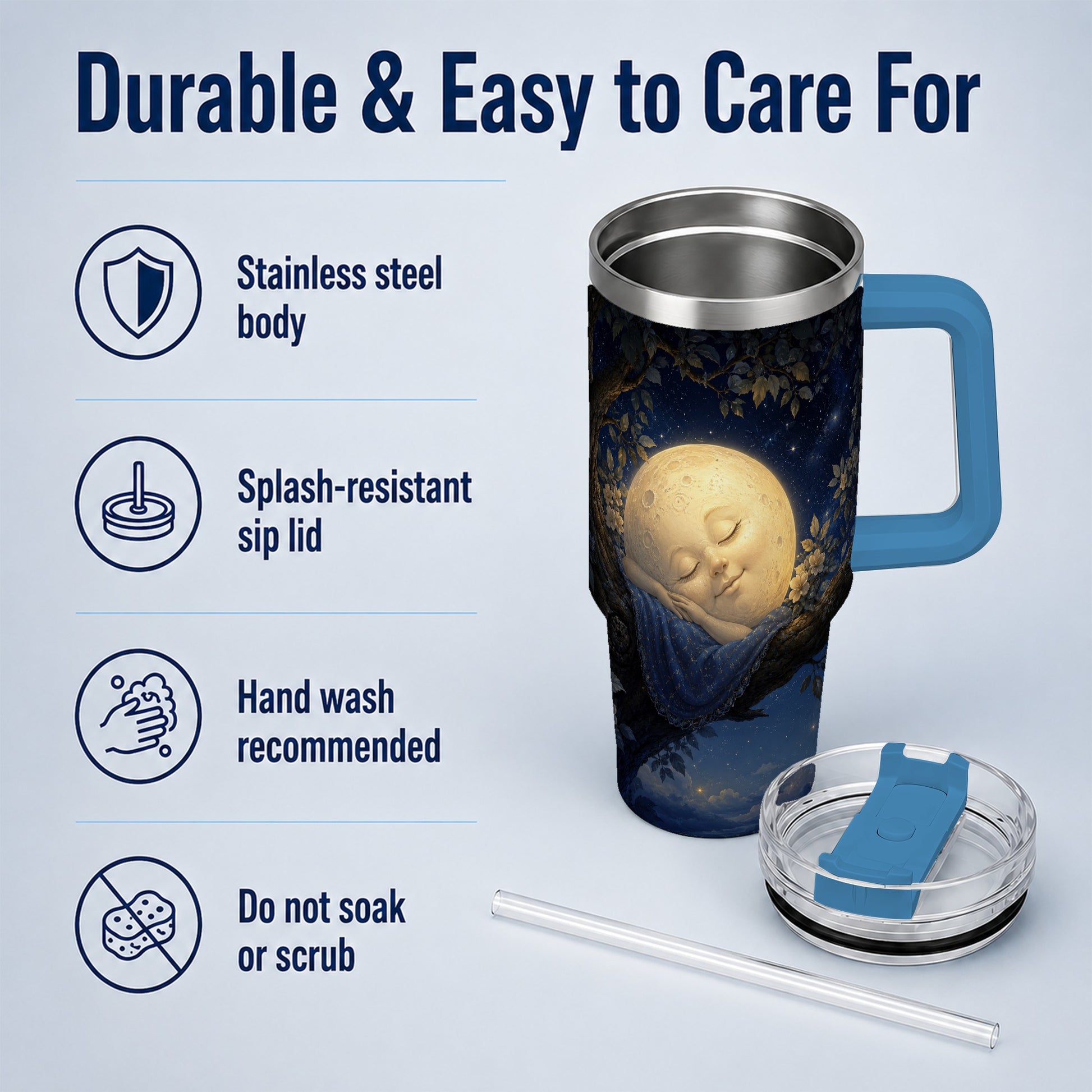 #pl[40oz|Blue] Sleeping Moon 40oz Tumbler with Handle, Celestial Dream Art