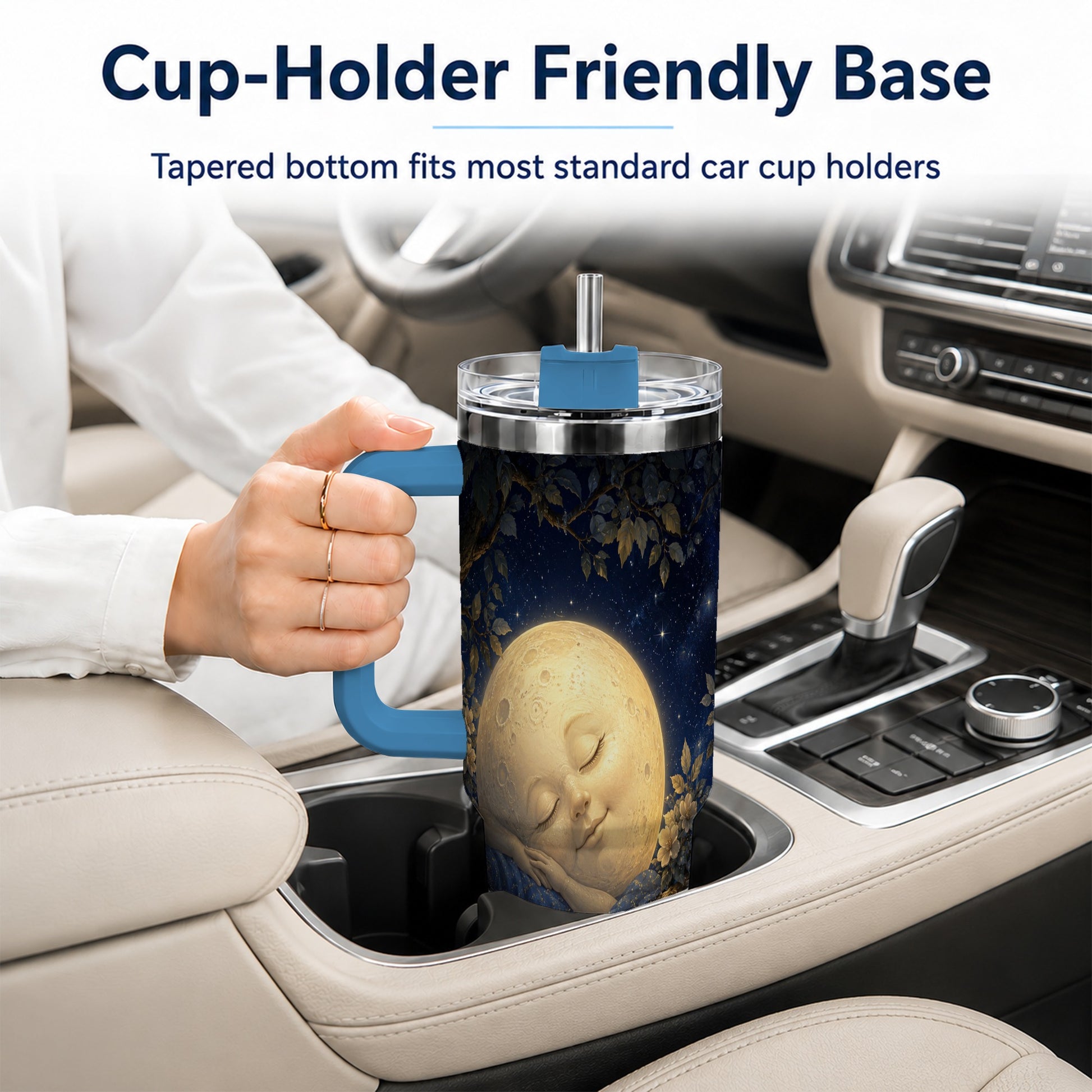 #pl[40oz|Blue] Sleeping Moon 40oz Tumbler with Handle, Celestial Dream Art