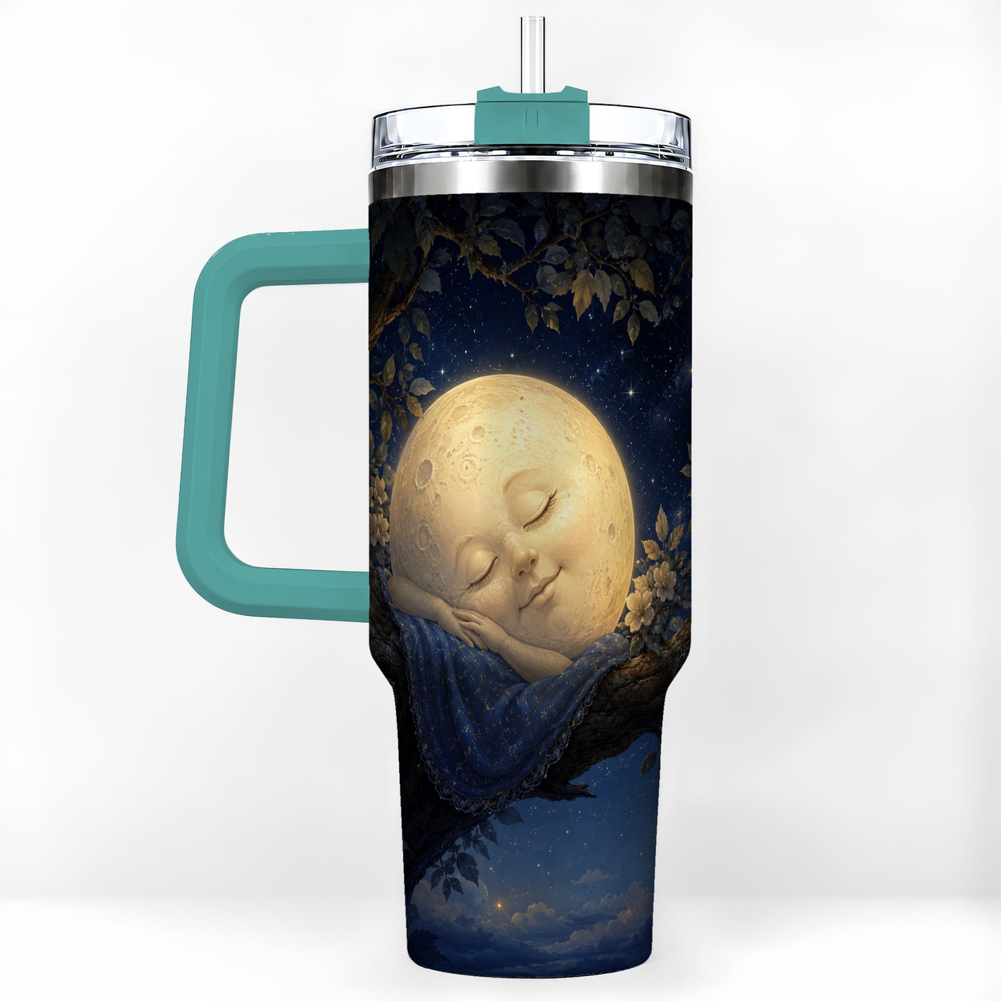 #pl[40oz|Green] Sleeping Moon 40oz Tumbler with Handle, Celestial Dream Art