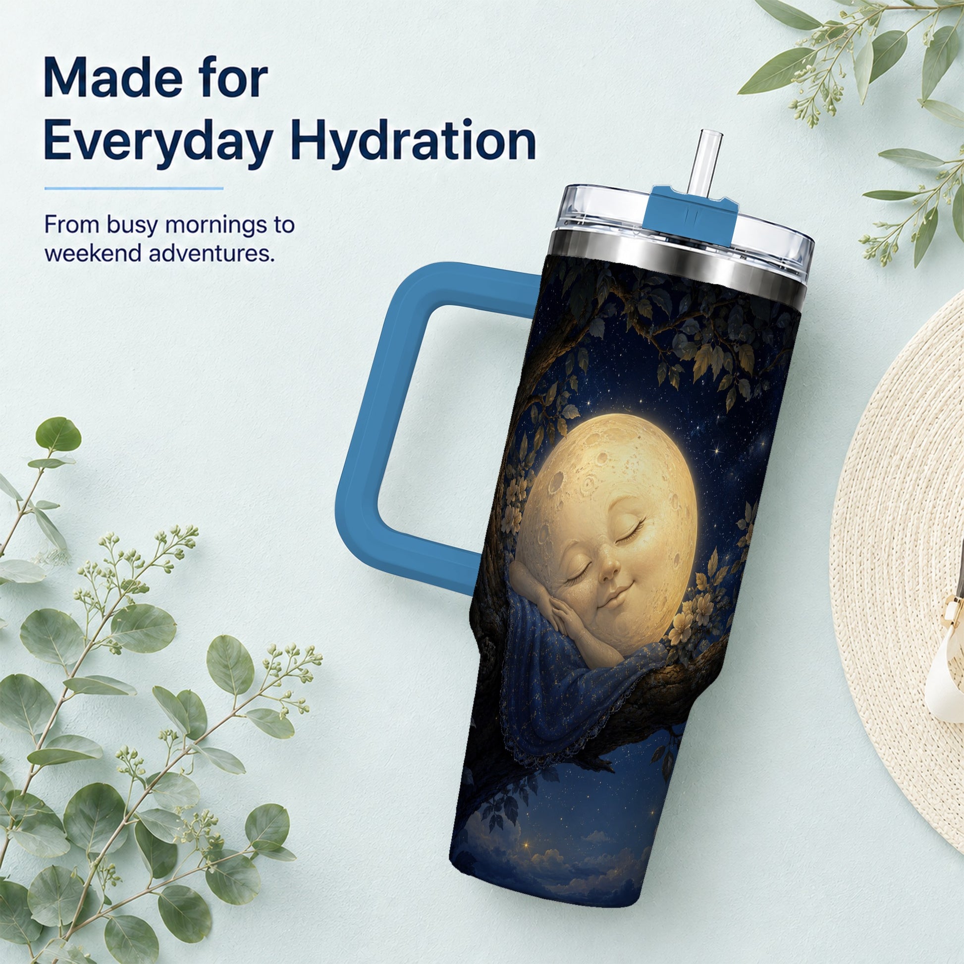 #pl[40oz|Blue] Sleeping Moon 40oz Tumbler with Handle, Celestial Dream Art