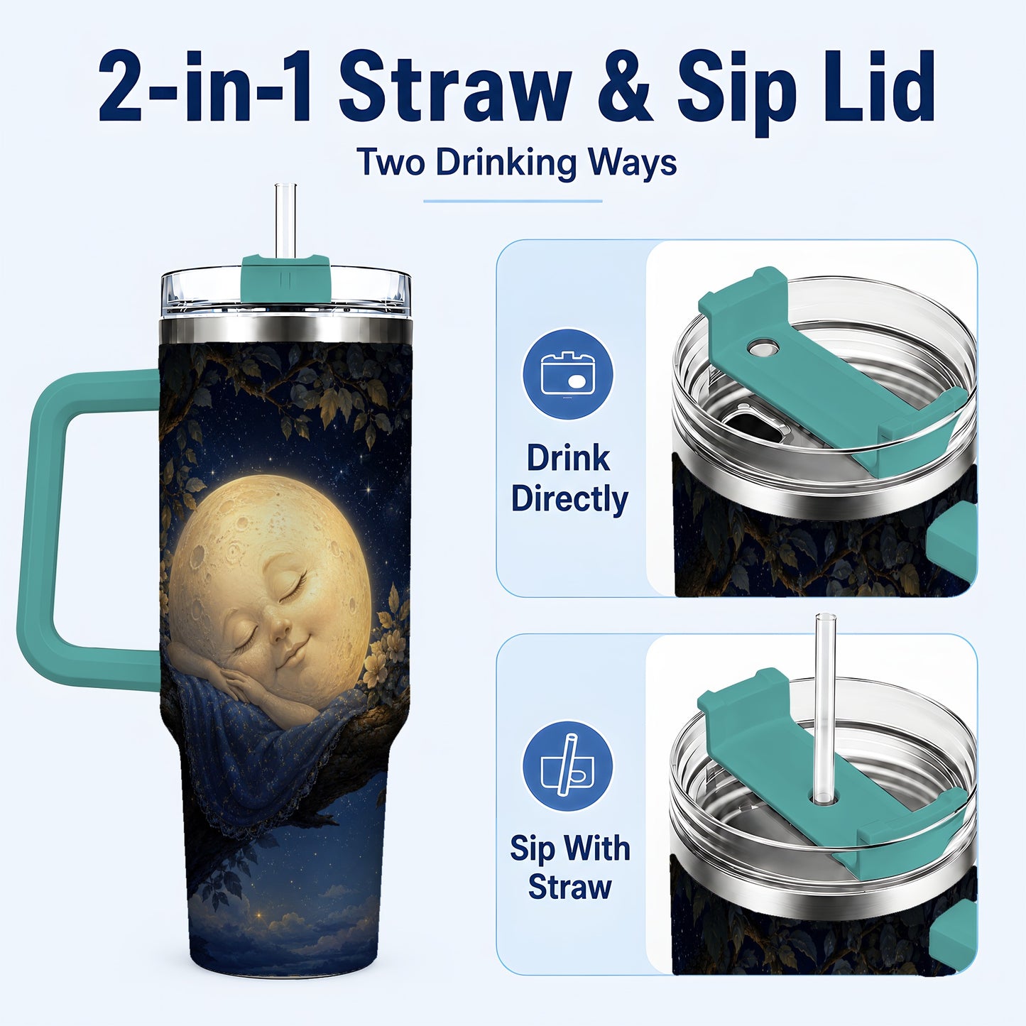 #pl[40oz|Green] Sleeping Moon 40oz Tumbler with Handle, Celestial Dream Art