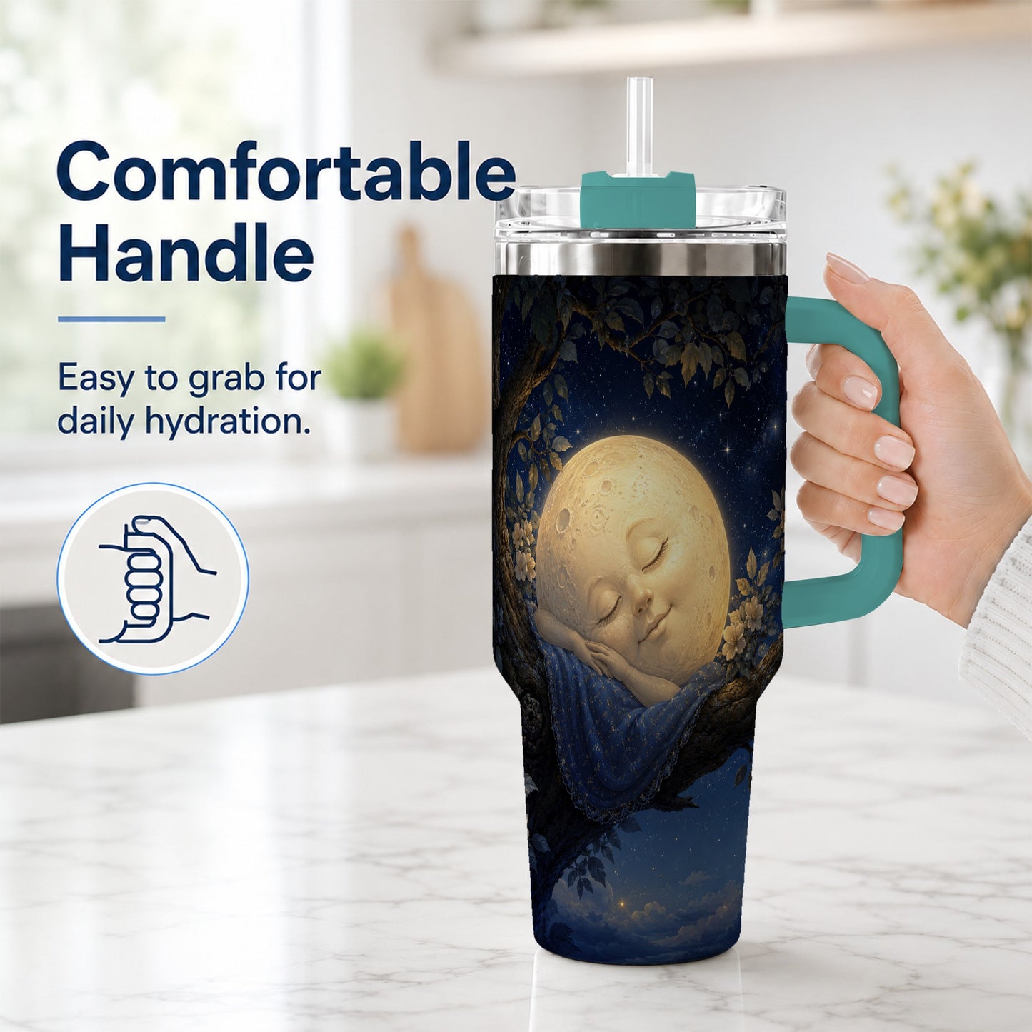 #pl[40oz|Green] Sleeping Moon 40oz Tumbler with Handle, Celestial Dream Art