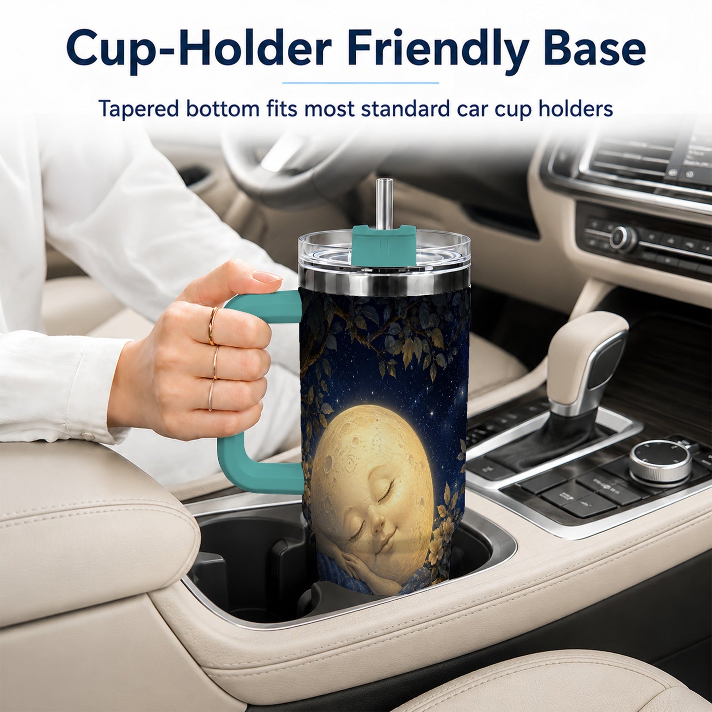 #pl[40oz|Green] Sleeping Moon 40oz Tumbler with Handle, Celestial Dream Art