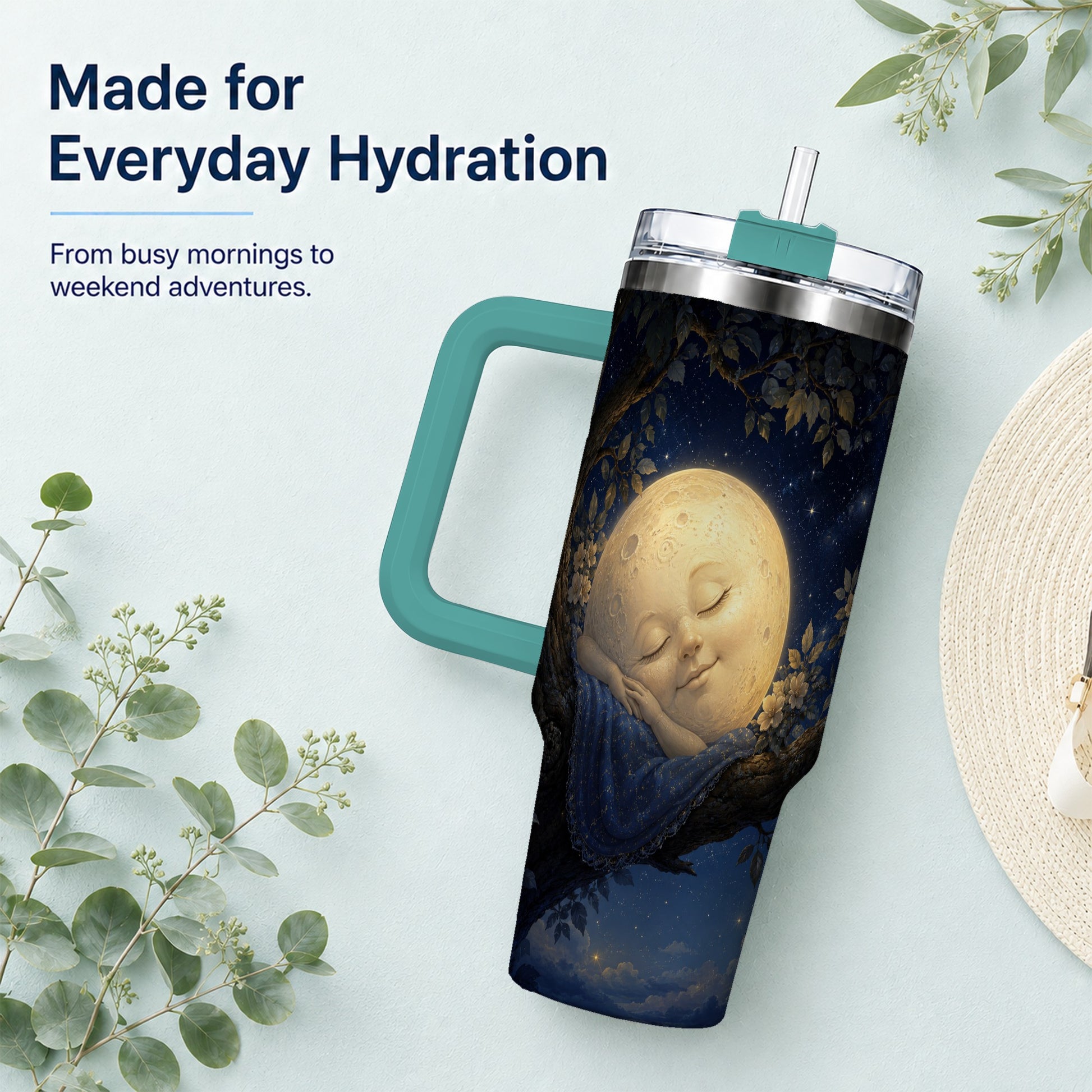#pl[40oz|Green] Sleeping Moon 40oz Tumbler with Handle, Celestial Dream Art