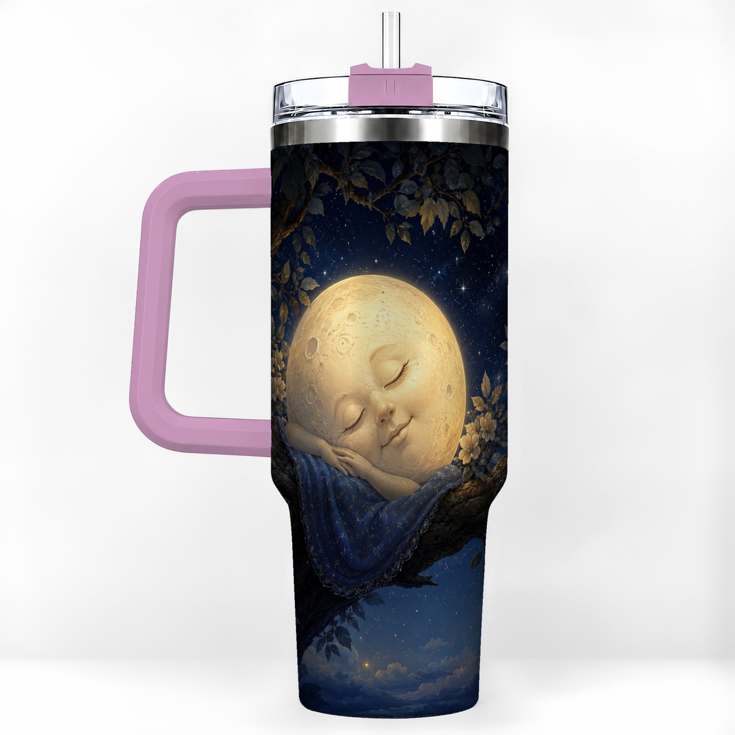 #pl[40oz|Pink] Sleeping Moon 40oz Tumbler with Handle, Celestial Dream Art