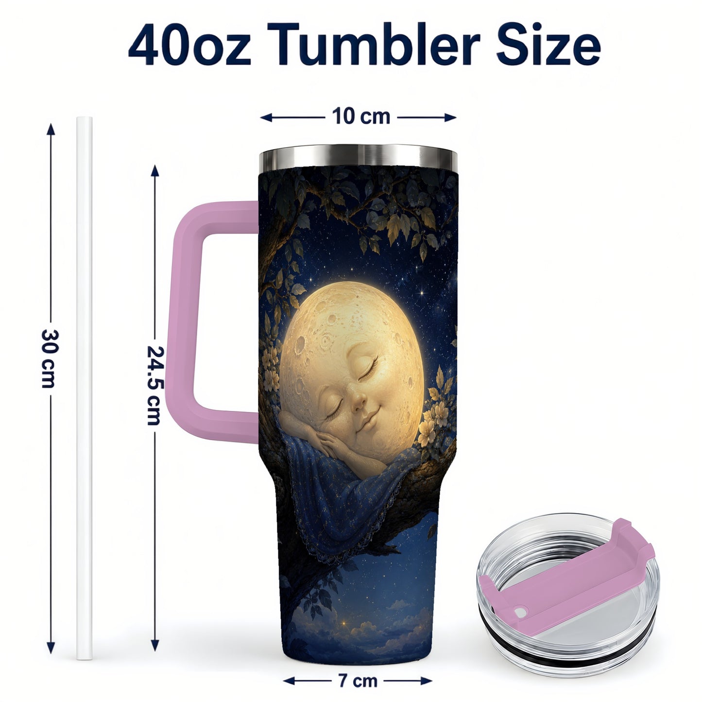 #pl[40oz|Pink] Sleeping Moon 40oz Tumbler with Handle, Celestial Dream Art