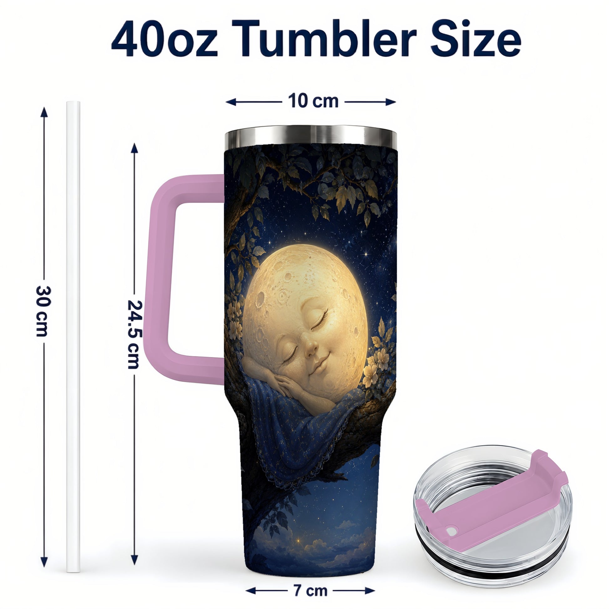 #pl[40oz|Pink] Sleeping Moon 40oz Tumbler with Handle, Celestial Dream Art