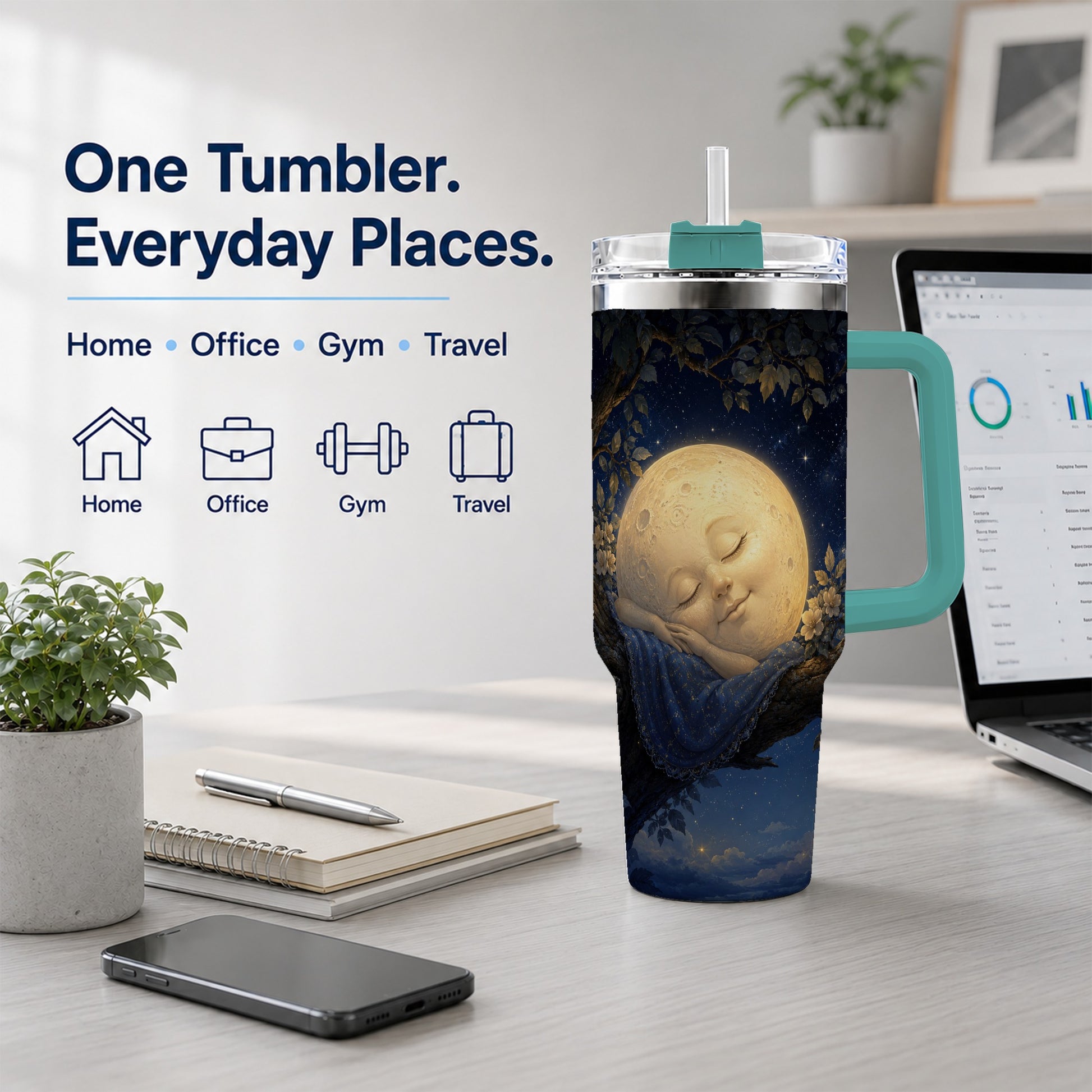 #pl[40oz|Green] Sleeping Moon 40oz Tumbler with Handle, Celestial Dream Art