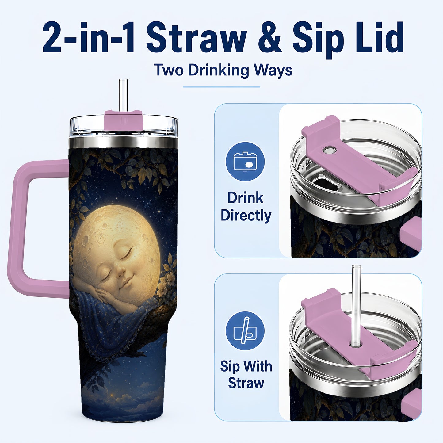 #pl[40oz|Pink] Sleeping Moon 40oz Tumbler with Handle, Celestial Dream Art