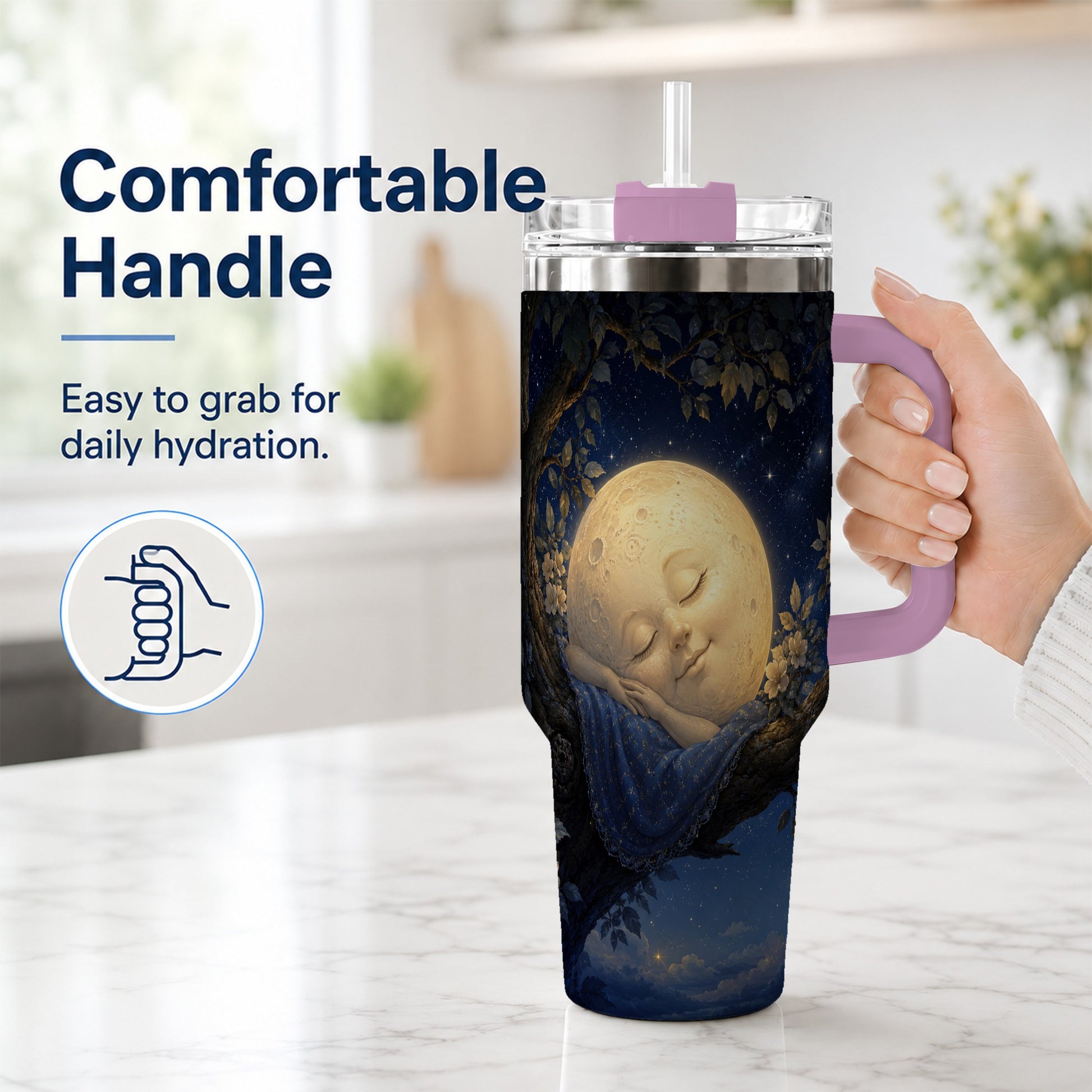#pl[40oz|Pink] Sleeping Moon 40oz Tumbler with Handle, Celestial Dream Art