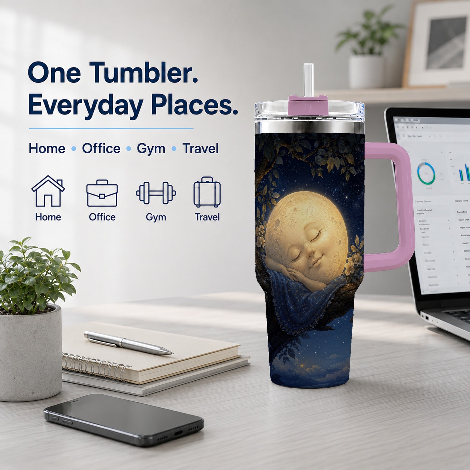 #pl[40oz|Pink] Sleeping Moon 40oz Tumbler with Handle, Celestial Dream Art