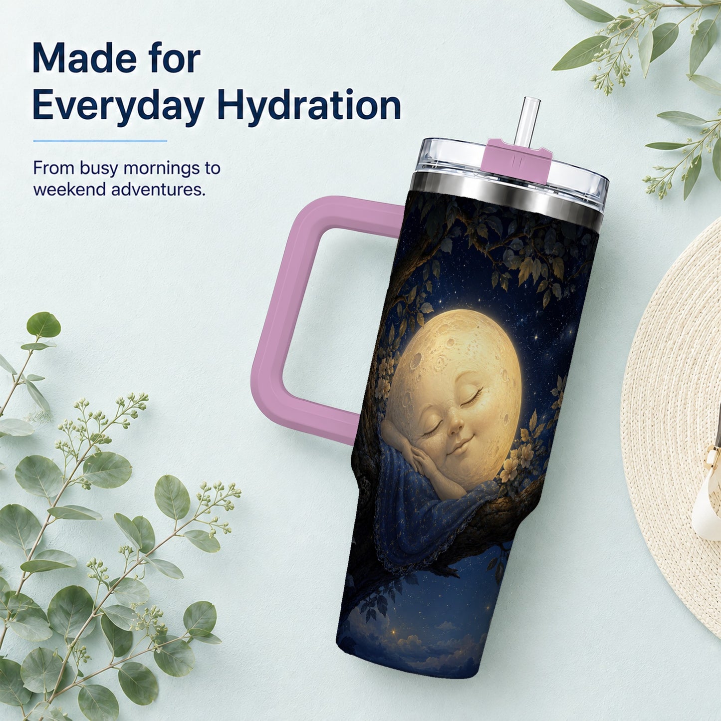 #pl[40oz|Pink] Sleeping Moon 40oz Tumbler with Handle, Celestial Dream Art