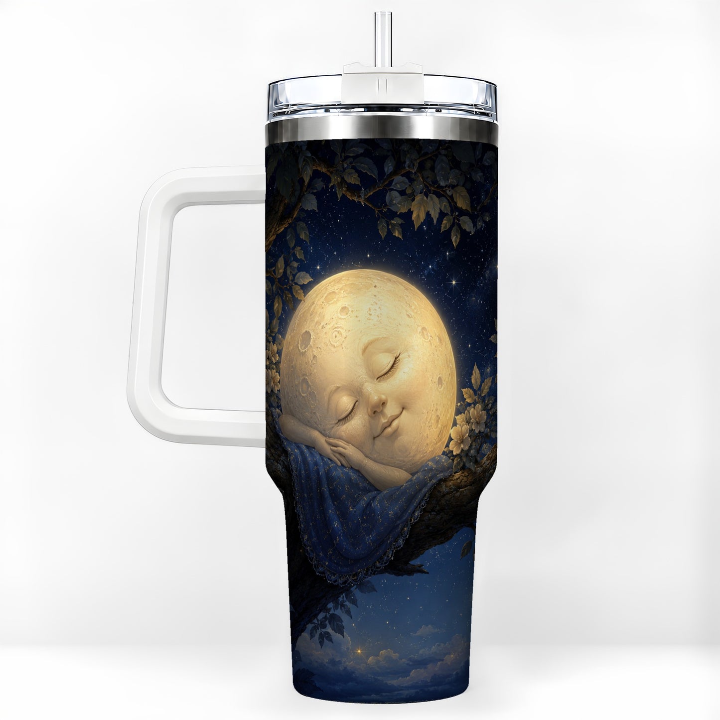 Sleeping Moon 40oz Tumbler with Handle, Celestial Dream Art