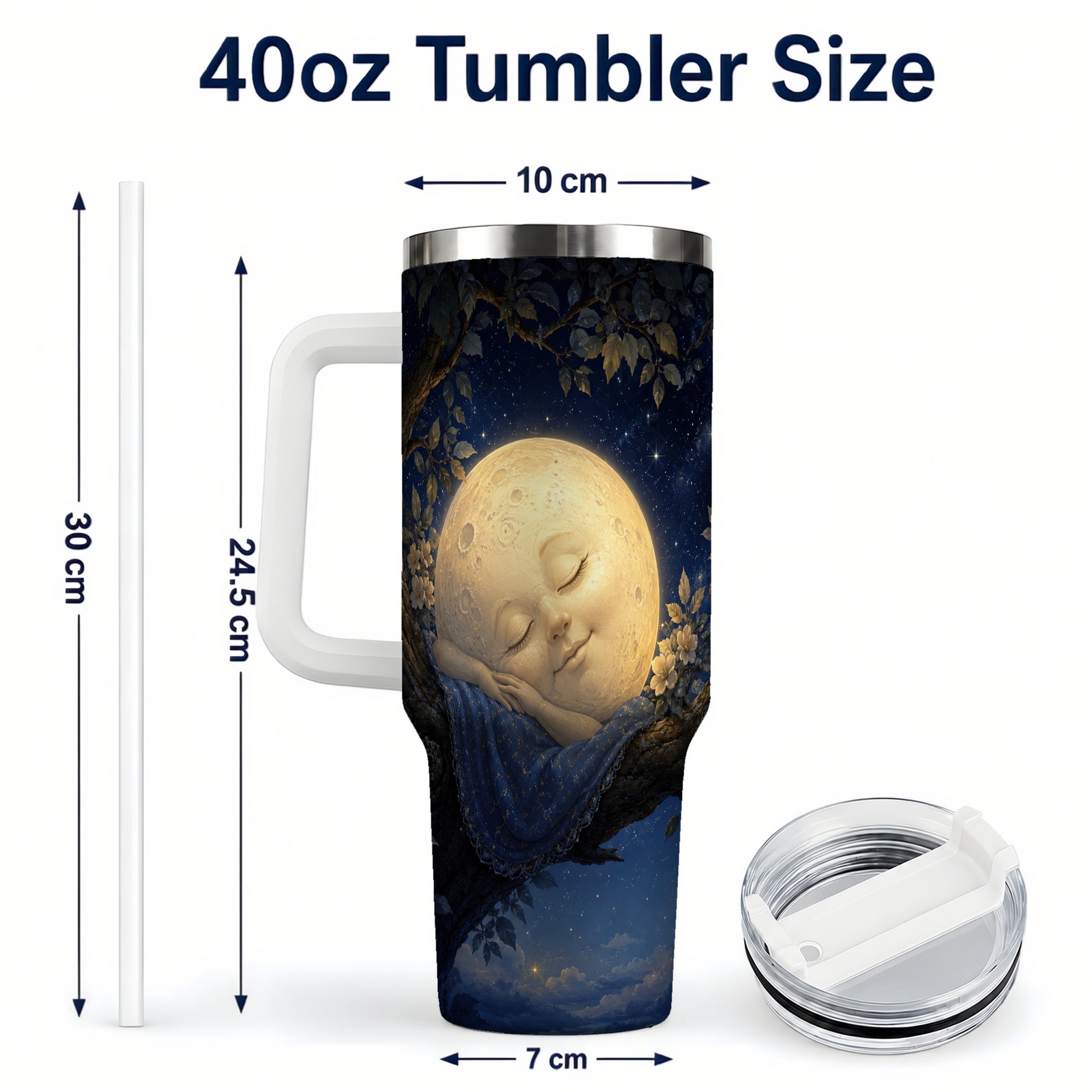 #pl[40oz|White] Sleeping Moon 40oz Tumbler with Handle, Celestial Dream Art
