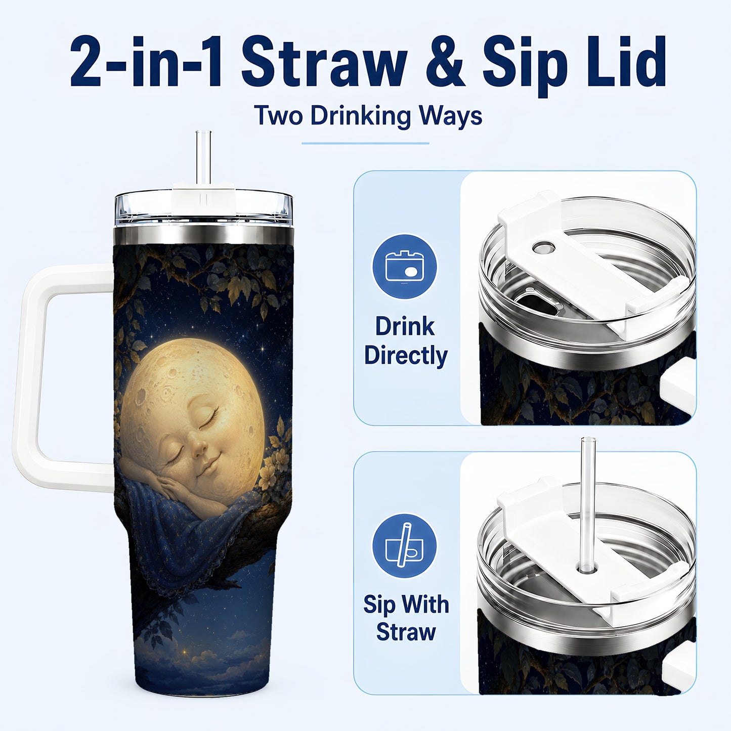 #pl[40oz|White] Sleeping Moon 40oz Tumbler with Handle, Celestial Dream Art