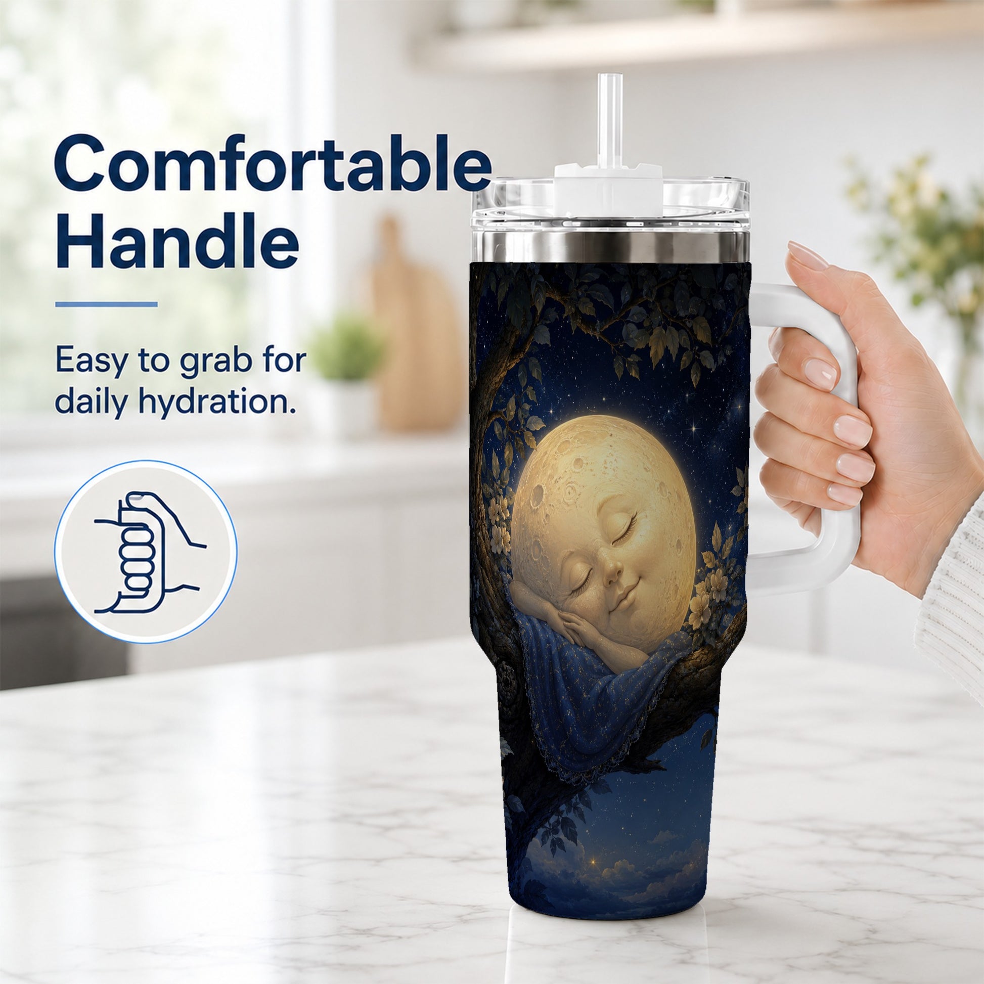 #pl[40oz|White] Sleeping Moon 40oz Tumbler with Handle, Celestial Dream Art