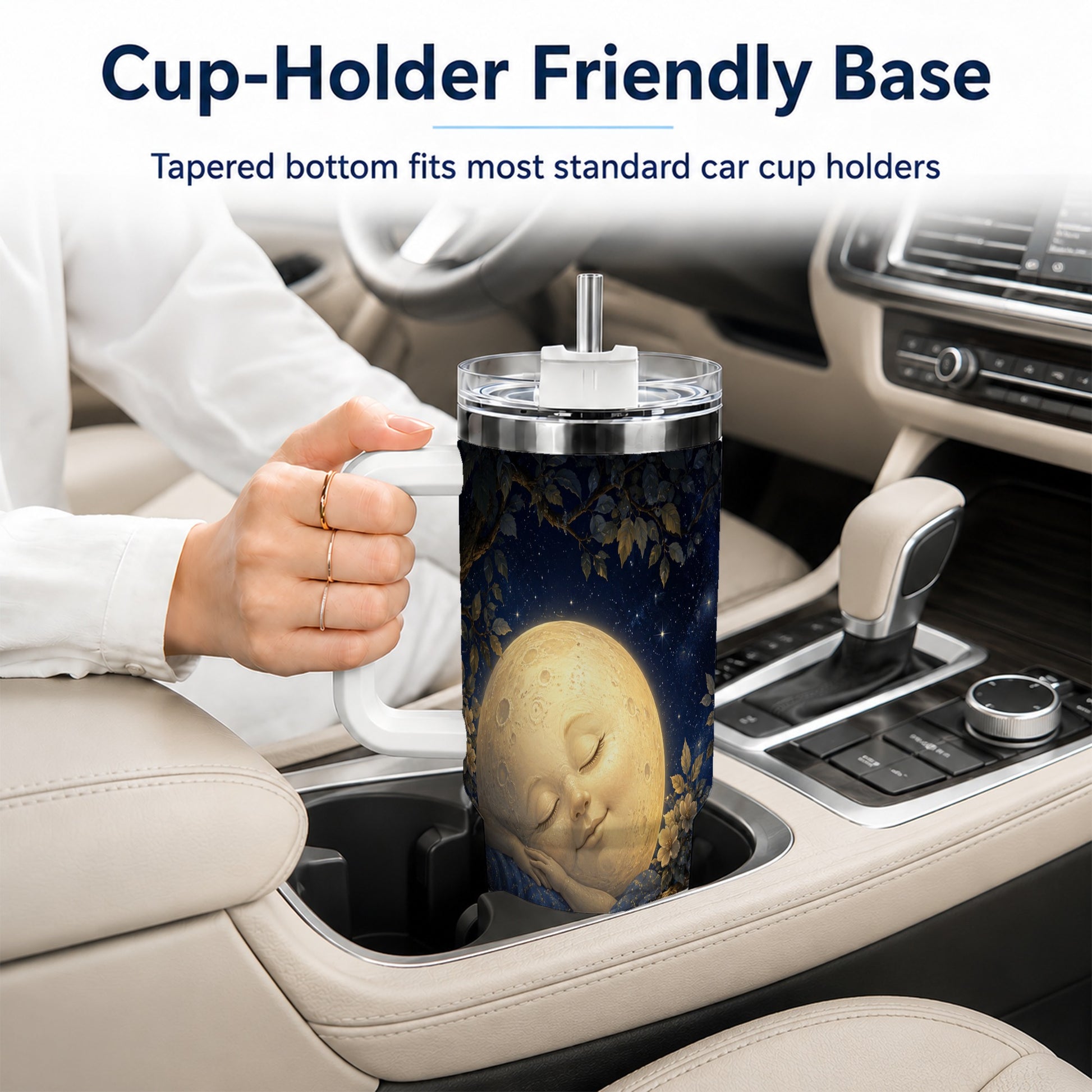 #pl[40oz|White] Sleeping Moon 40oz Tumbler with Handle, Celestial Dream Art