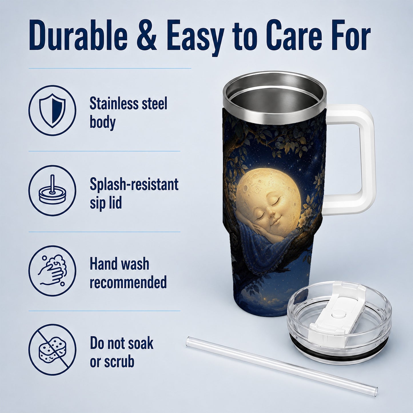 #pl[40oz|White] Sleeping Moon 40oz Tumbler with Handle, Celestial Dream Art