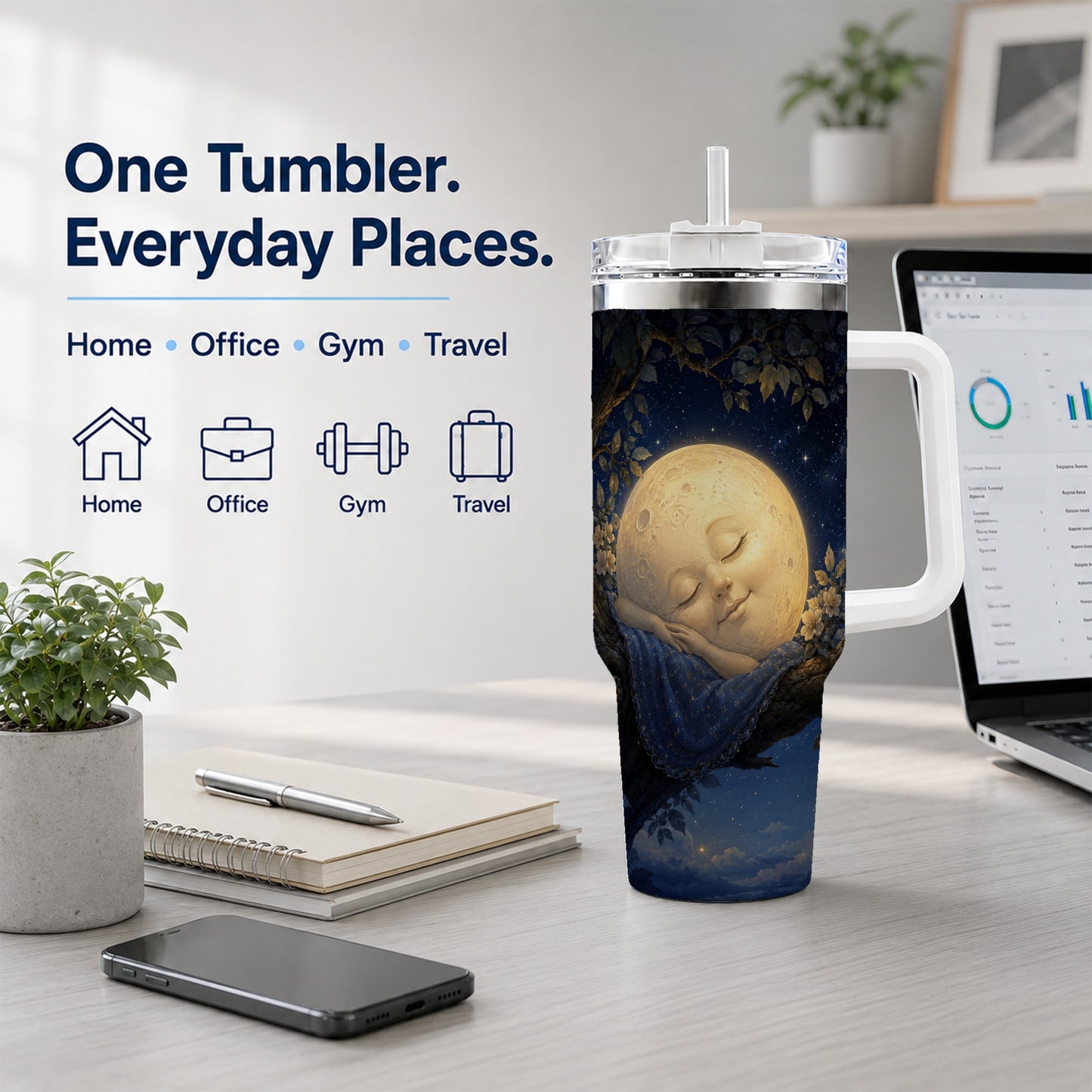 #pl[40oz|White] Sleeping Moon 40oz Tumbler with Handle, Celestial Dream Art