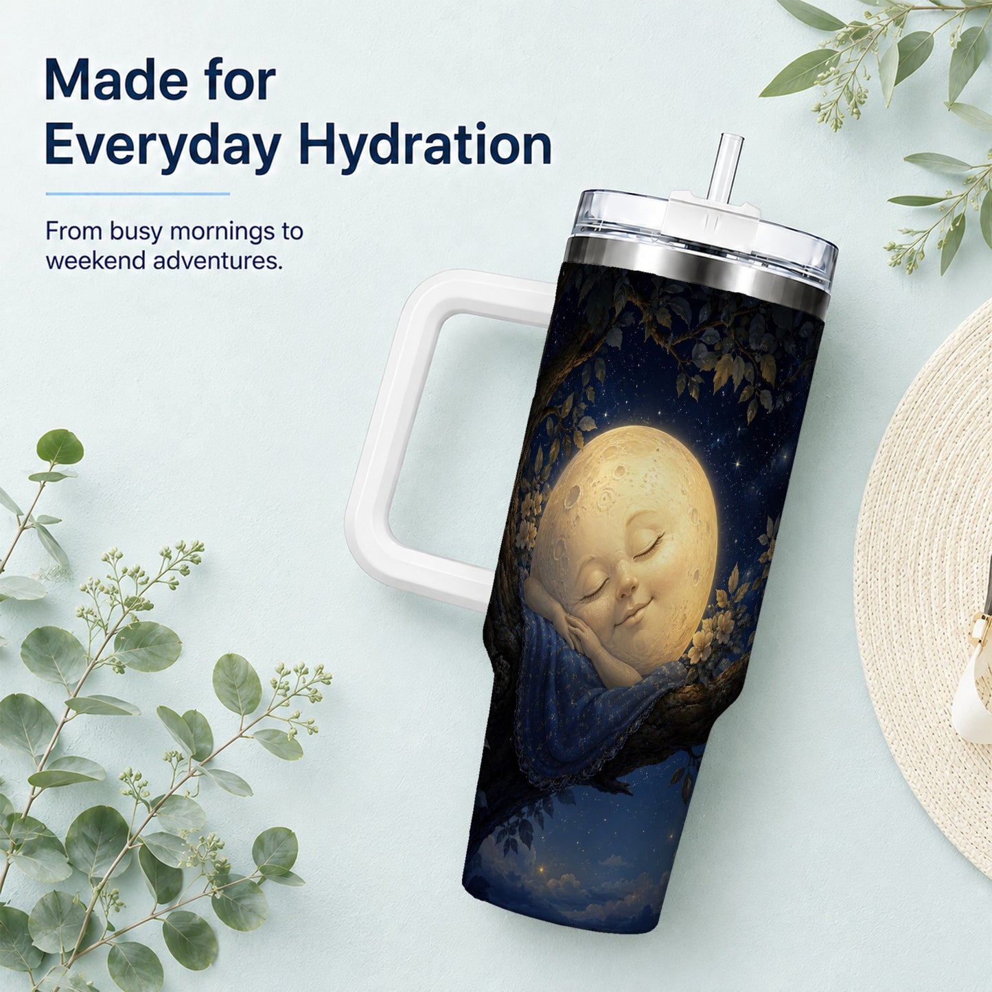 #pl[40oz|White] Sleeping Moon 40oz Tumbler with Handle, Celestial Dream Art