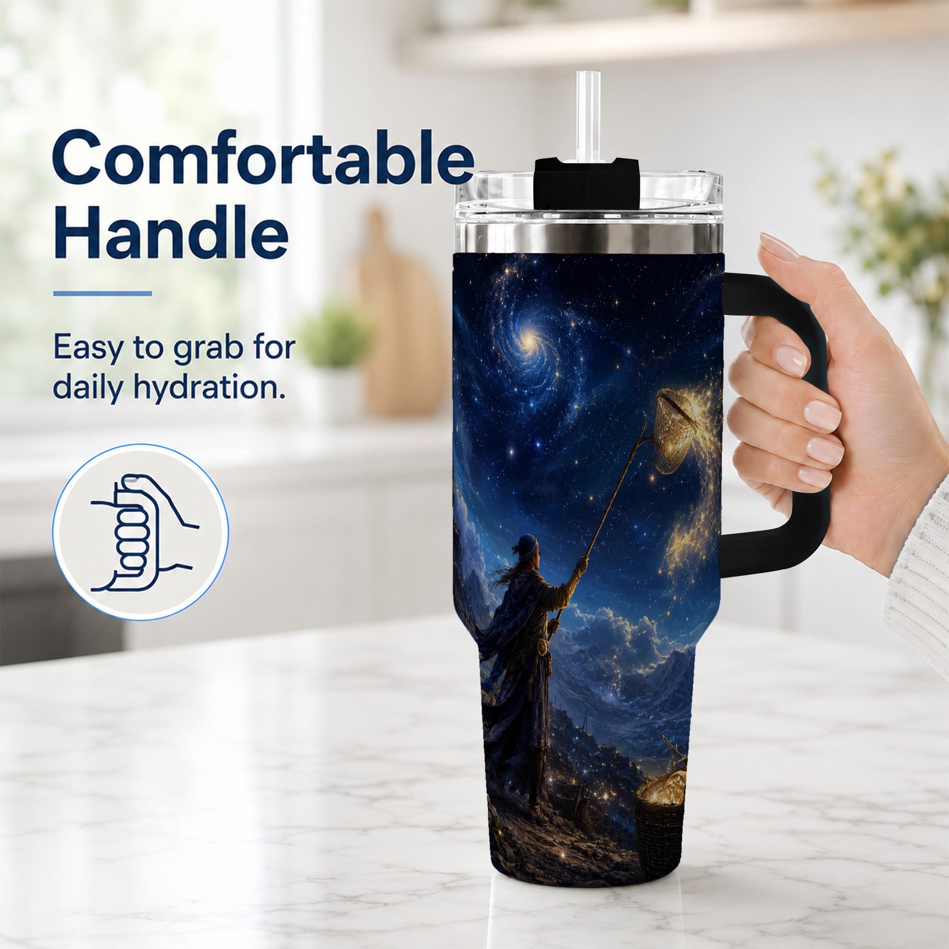 #pl[40oz|Black] Star Catcher 40oz Tumbler with Handle, Celestial Fantasy Art