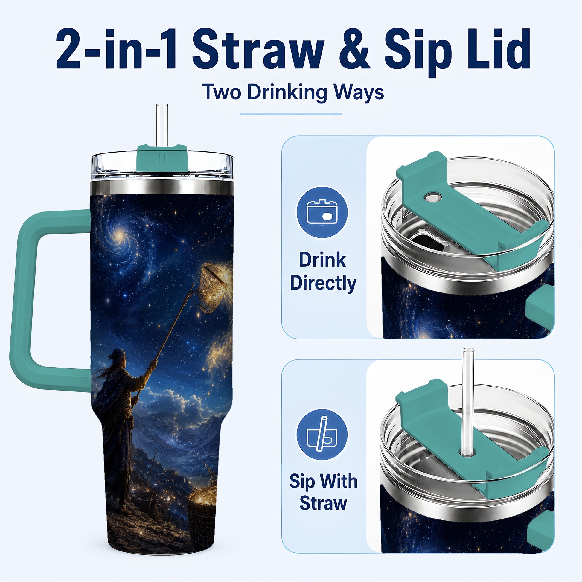 #pl[40oz|Green] Star Catcher 40oz Tumbler with Handle, Celestial Fantasy Art