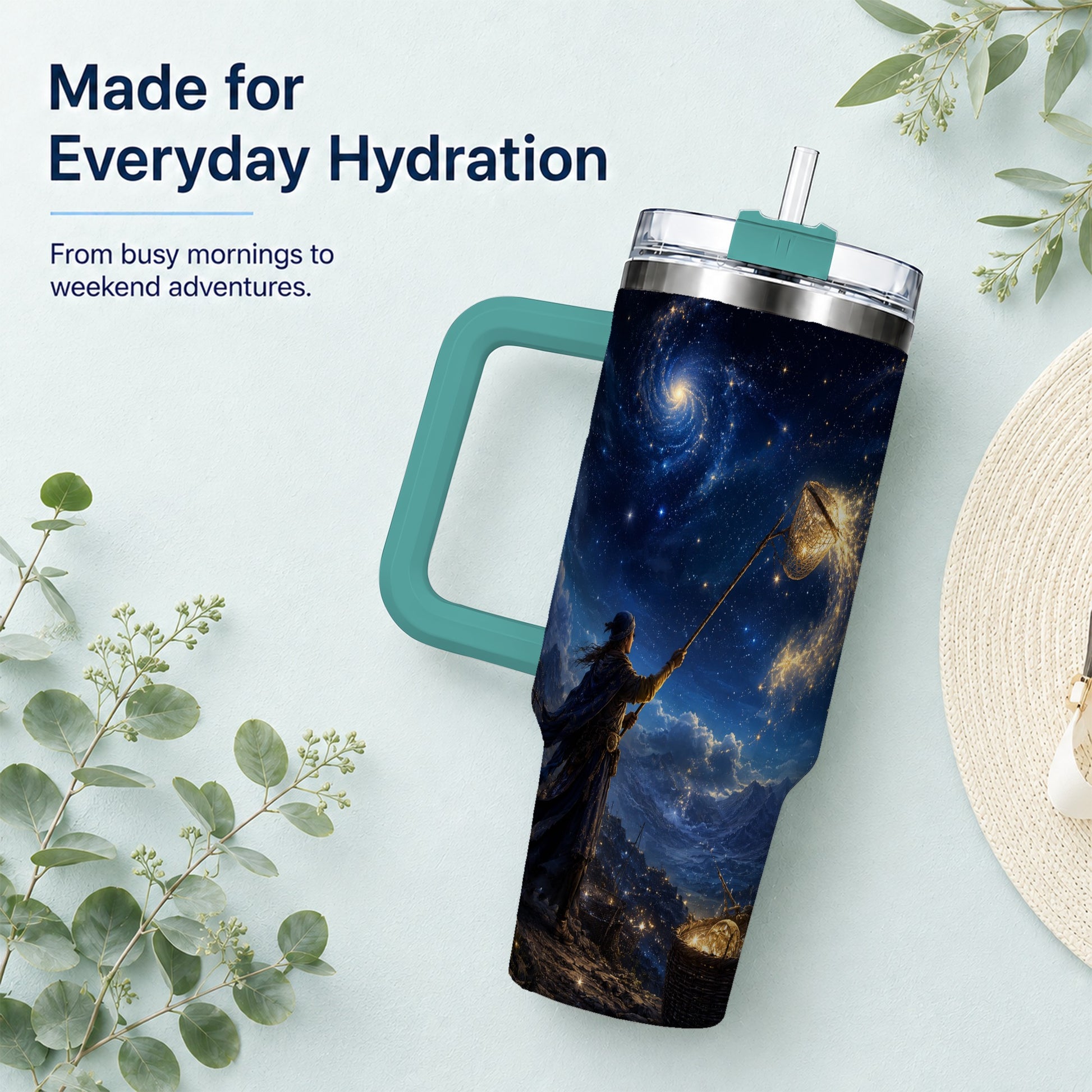 #pl[40oz|Green] Star Catcher 40oz Tumbler with Handle, Celestial Fantasy Art