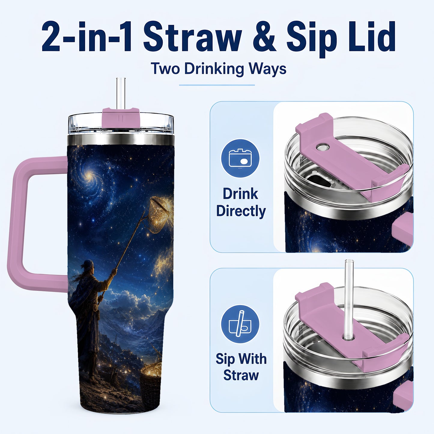 #pl[40oz|Pink] Star Catcher 40oz Tumbler with Handle, Celestial Fantasy Art