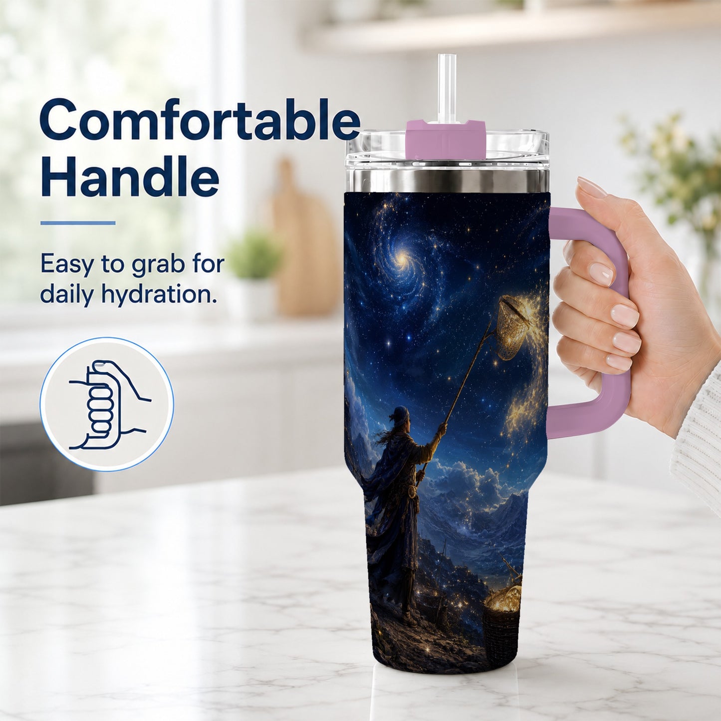 #pl[40oz|Pink] Star Catcher 40oz Tumbler with Handle, Celestial Fantasy Art