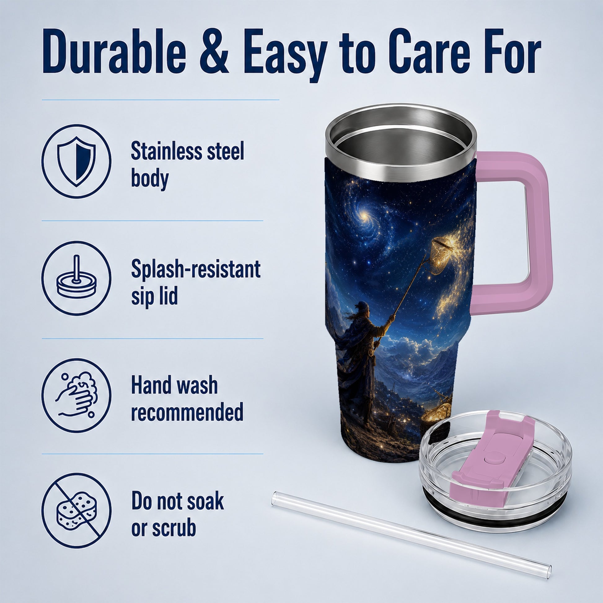 #pl[40oz|Pink] Star Catcher 40oz Tumbler with Handle, Celestial Fantasy Art