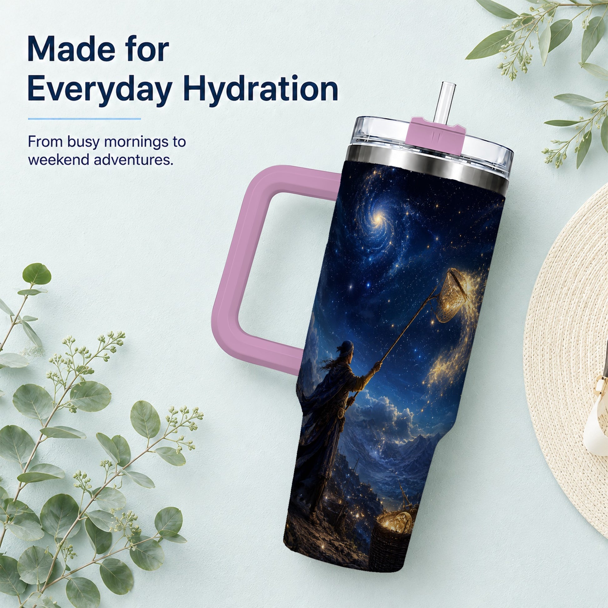 #pl[40oz|Pink] Star Catcher 40oz Tumbler with Handle, Celestial Fantasy Art