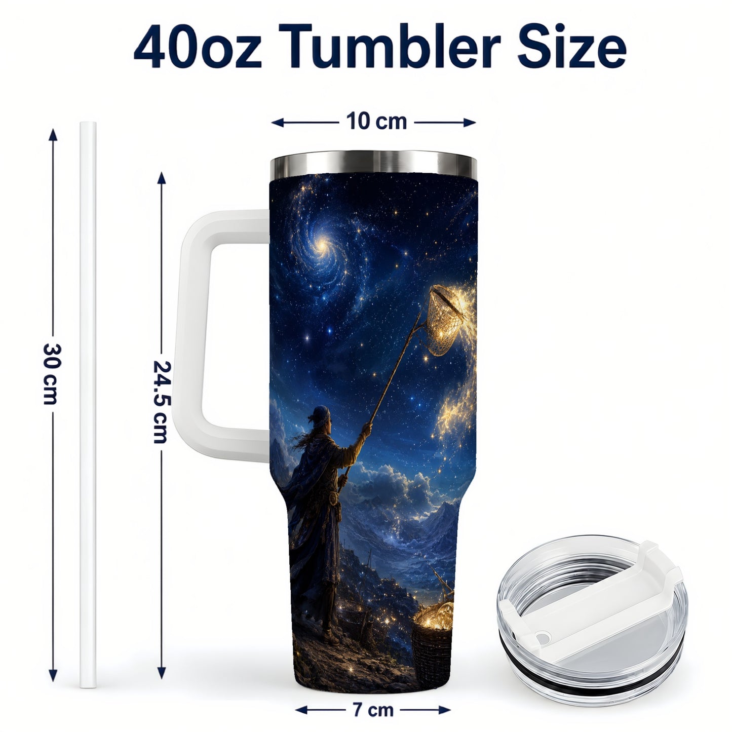 #pl[40oz|White] Star Catcher 40oz Tumbler with Handle, Celestial Fantasy Art