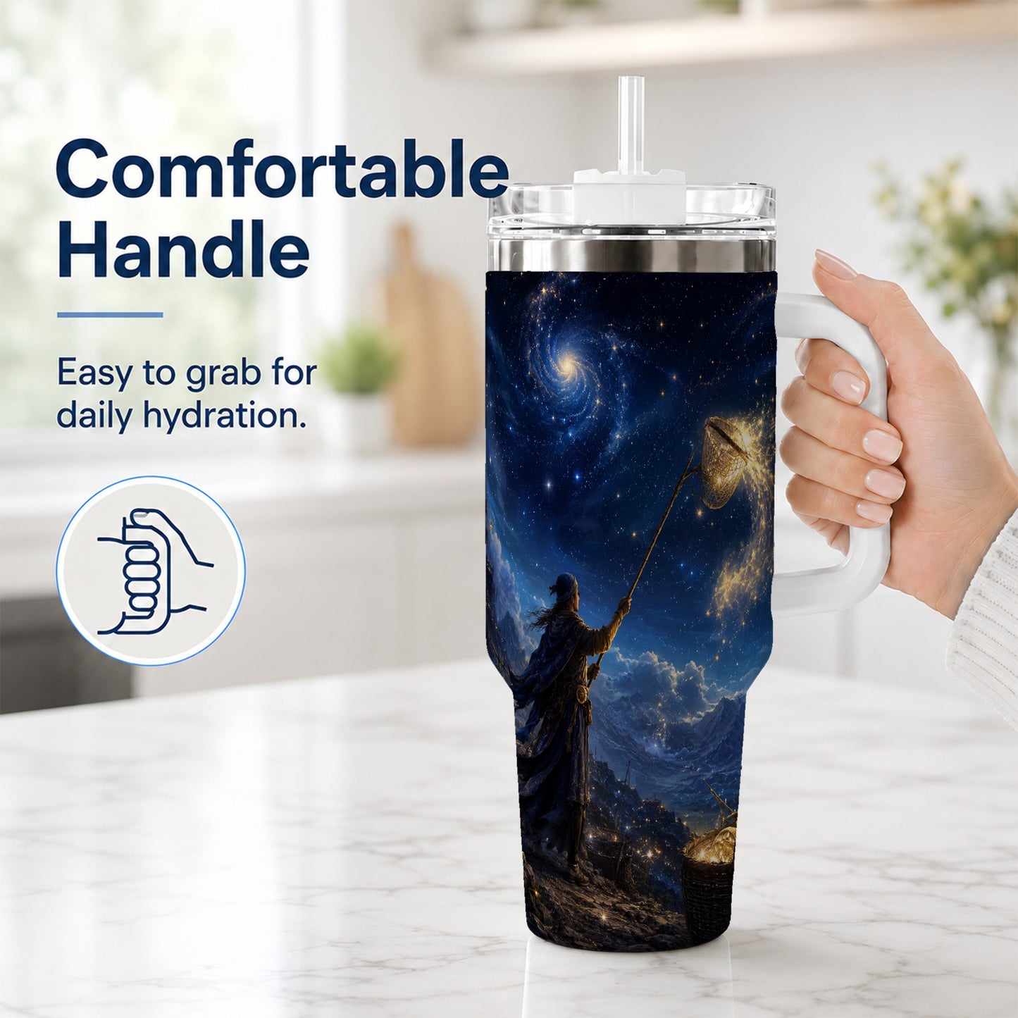 #pl[40oz|White] Star Catcher 40oz Tumbler with Handle, Celestial Fantasy Art
