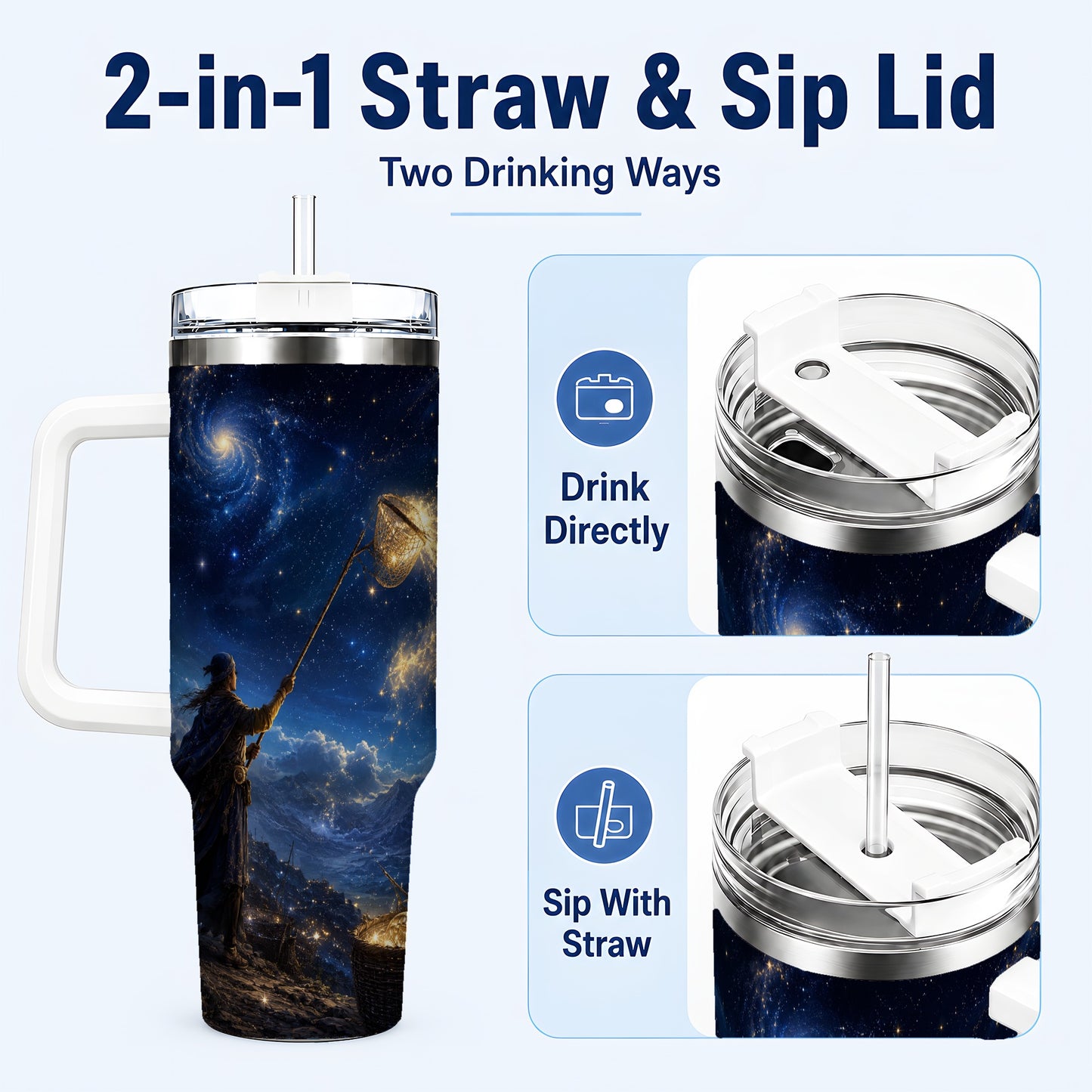 #pl[40oz|White] Star Catcher 40oz Tumbler with Handle, Celestial Fantasy Art