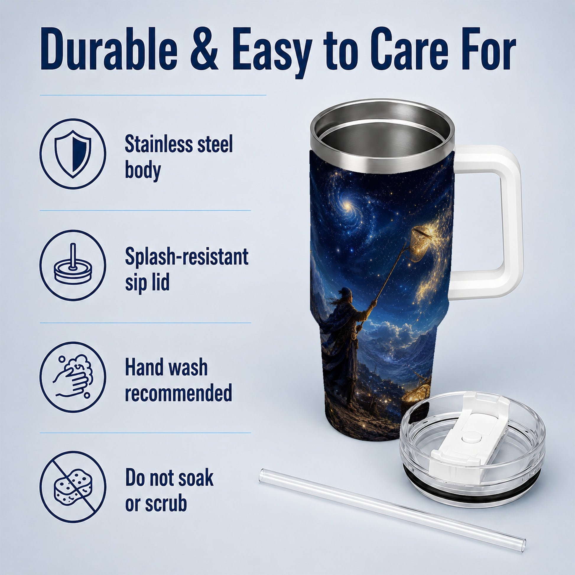 #pl[40oz|White] Star Catcher 40oz Tumbler with Handle, Celestial Fantasy Art
